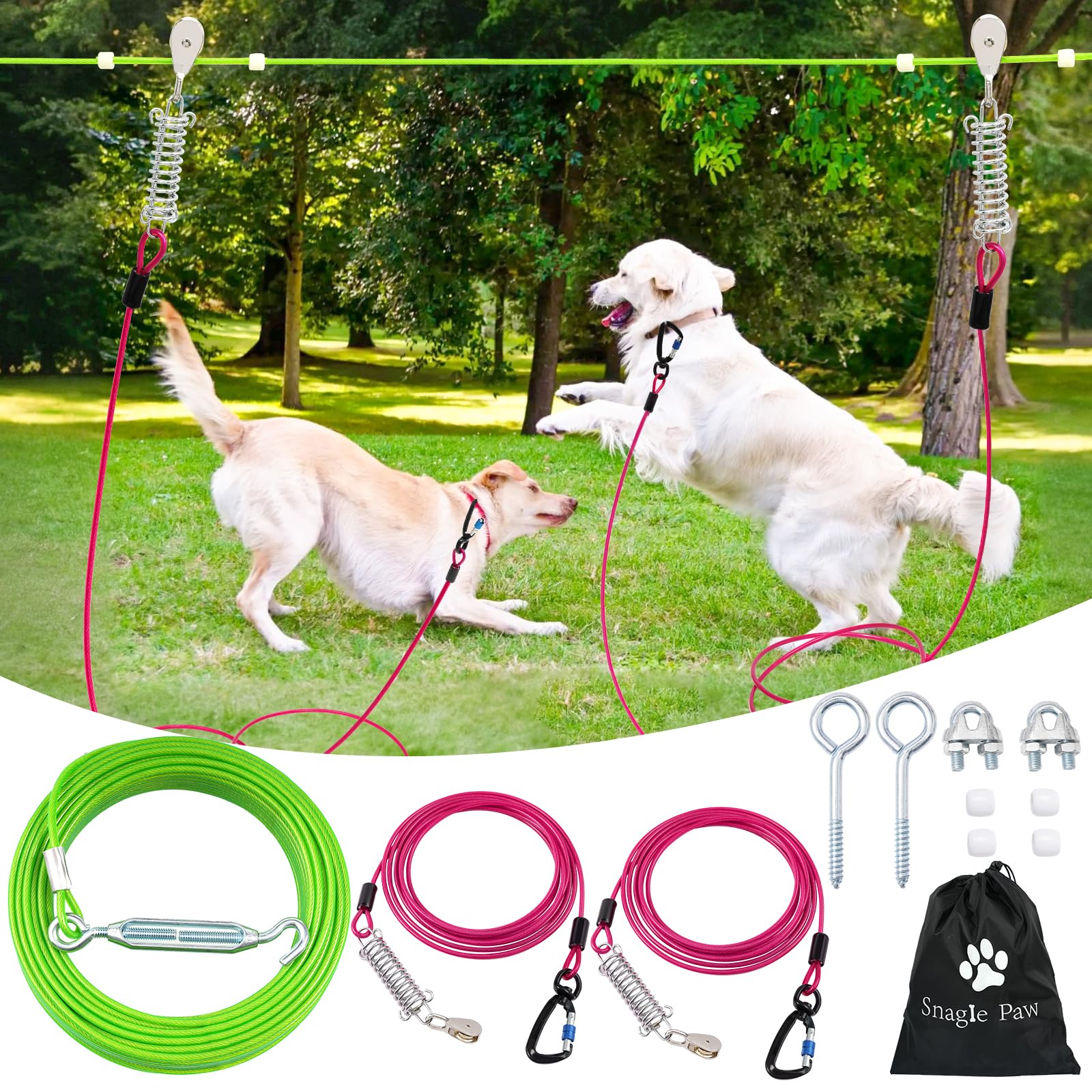 Snagle Paw Heavy Duty Dog Runner For Yard,75Ft Dog Run Cable With 10Ft & 10Ft Pulley For Large Dogs Up To 250Lbs, Aerial Dog Zip