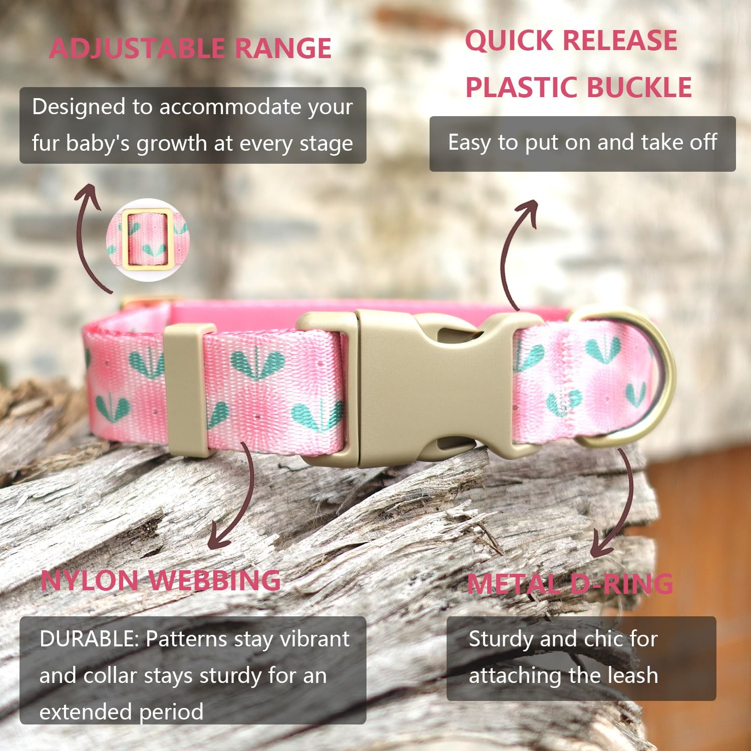 Yudote Designer Dog Collar In Floral Pattern Cute Dog Collars For Small Medium Large Dogs And Puppy (Pink Dandelion,M)