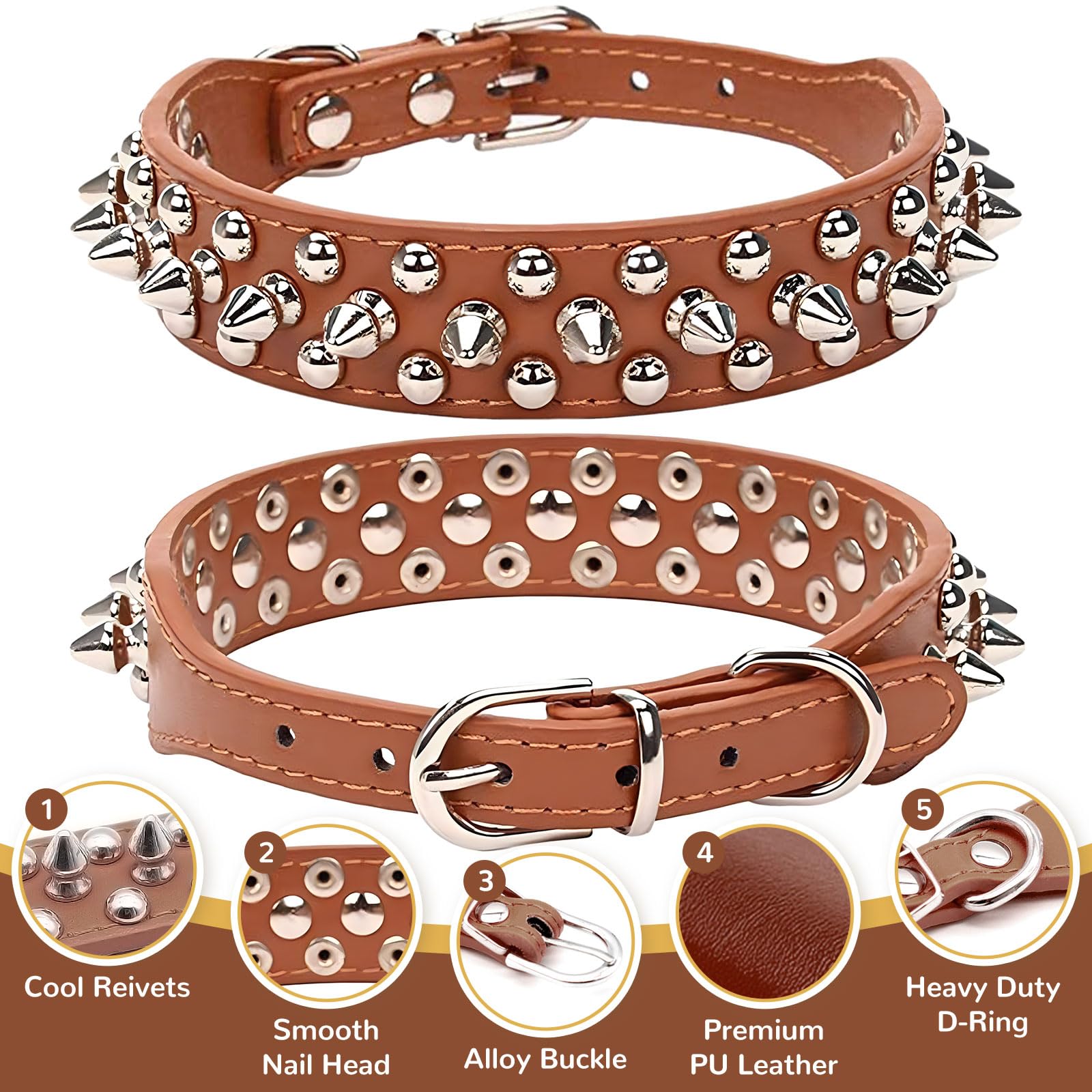 Petcare Spiked Dog Collar Brown Soft Pu Leather Funny Mushrooms Rivet Spike Studded Puppy Collar Adjustable Outdoor Pet Dog Coll
