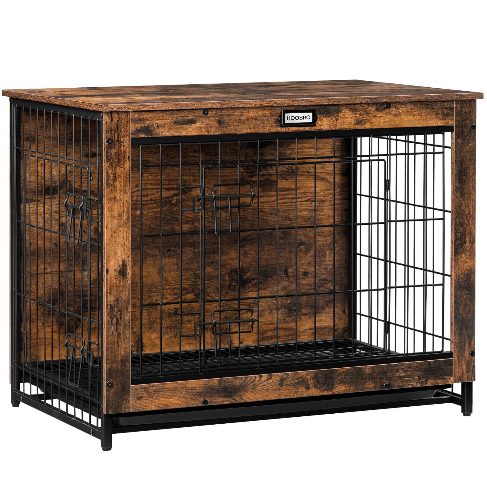 Hoobro Dog Crate Furniture, 32.5'' Medium Dog Kennel Indoor, Wooden Cage With Pull-Out Tray, Double Doors Pet House Side End Tab