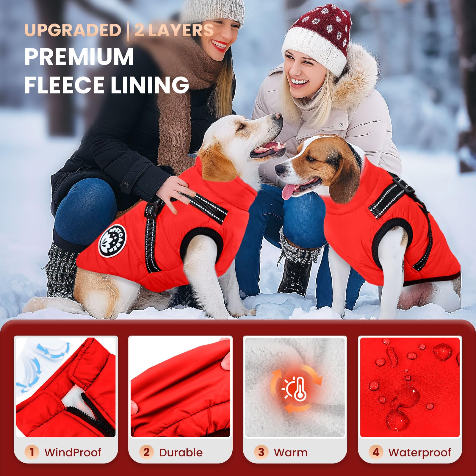 Petcare Winter Dog Coat With Harness - Built-In Waterproof Jackets, Warm Fleece Vest, Windproof Snowsuit, Reflective, Cold Weath