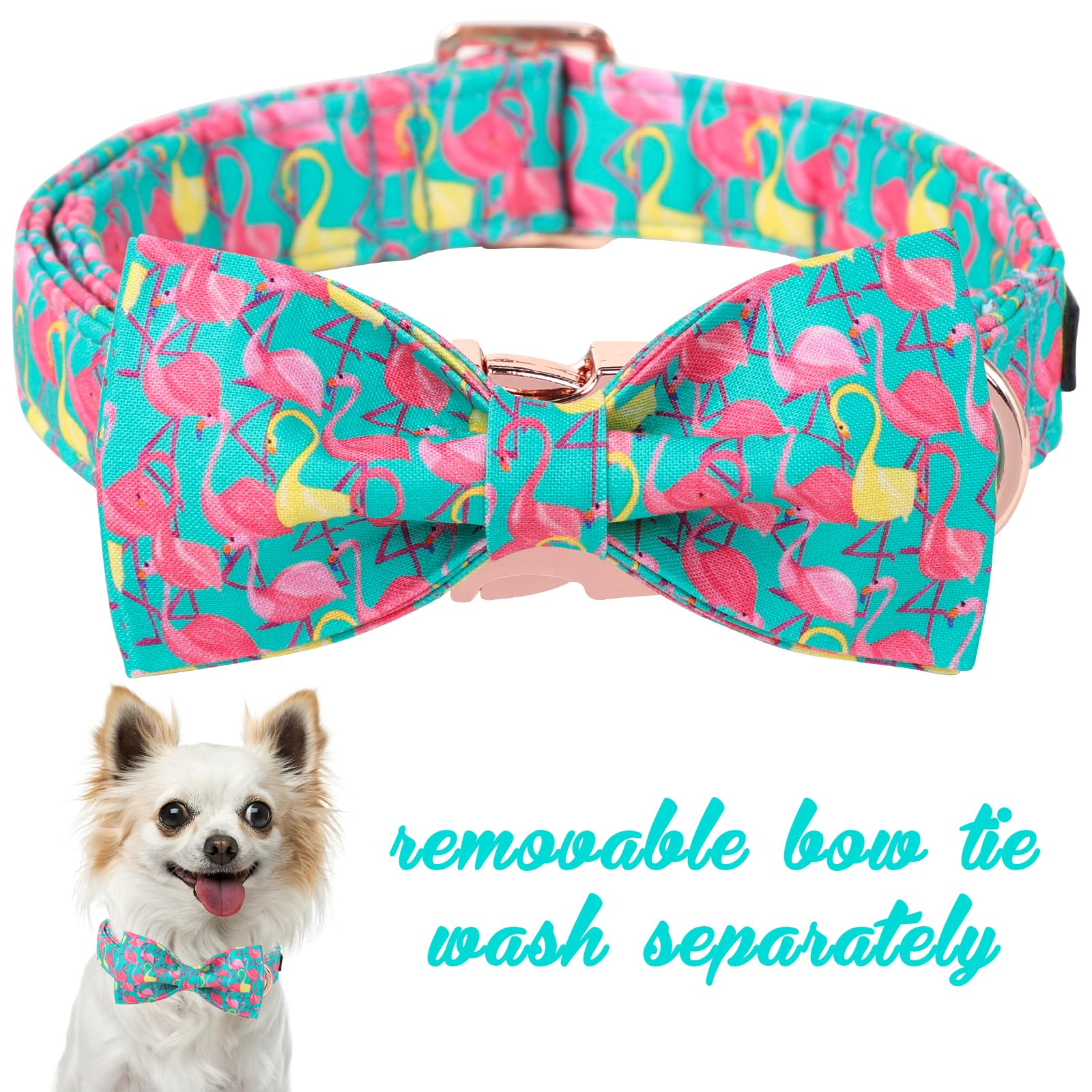 Unique Style Paws Summer Dog Collar With Bow, Flamingo Bow Tie Dog Collar,Cute Puppy Collar Green Dog Bow For Girl,Boy Dogs,M,13