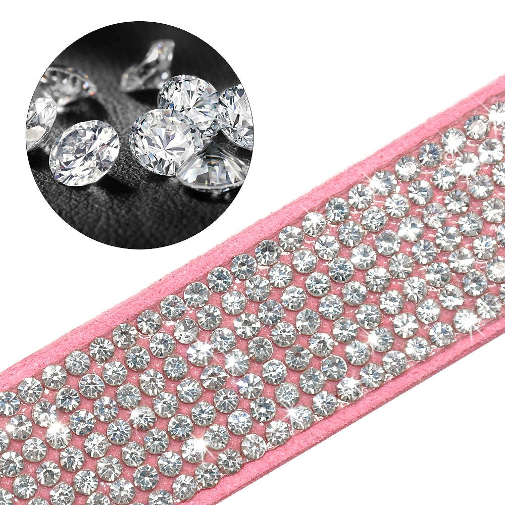 Beirui Rhinestone Bling Leather Dog & Cat Collar - Flocking Sparkly Crystal Diamonds Studded - Cute Double Bowknot For Pet Show & Daily Walking,Pink,Medium Neck Fit 12.5-15'