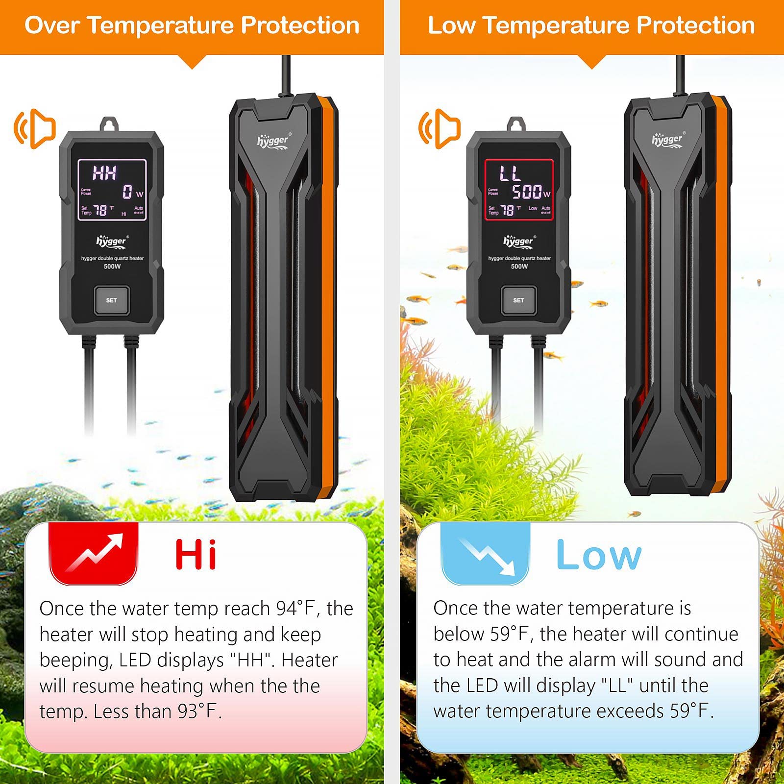 Hygger Aquarium Heater 300W/500W/800W/1000W, Submersible Fish Tank Heater With Digital Led Controller And Intelligent Leaving Wa