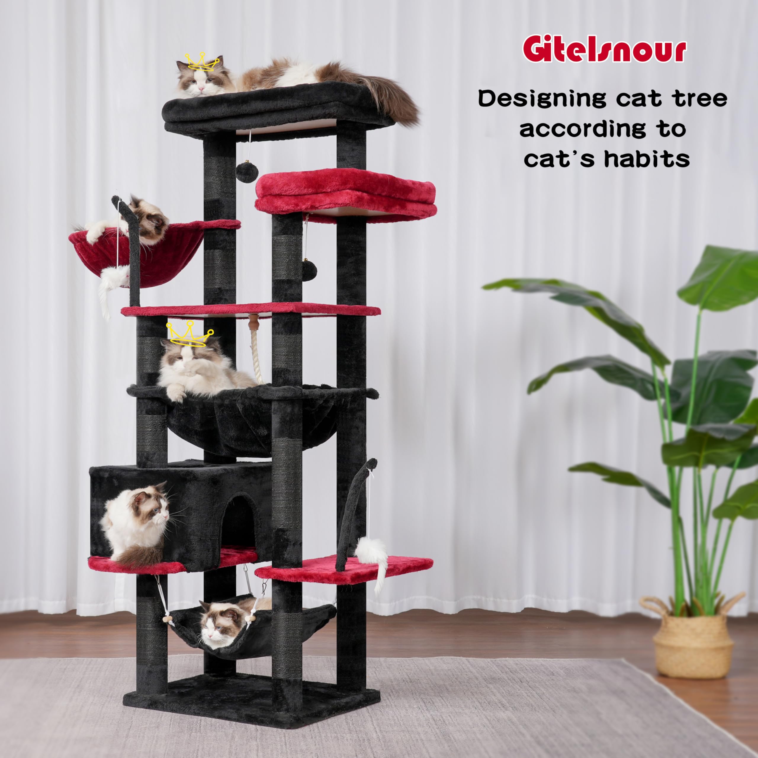 Gitelsnour Gothic Cat Tree, Cat Tower For Large Cats With 2 Big Platforms, 2 Baskets, Condo And Toys, 63'' Cat Scratching Posts