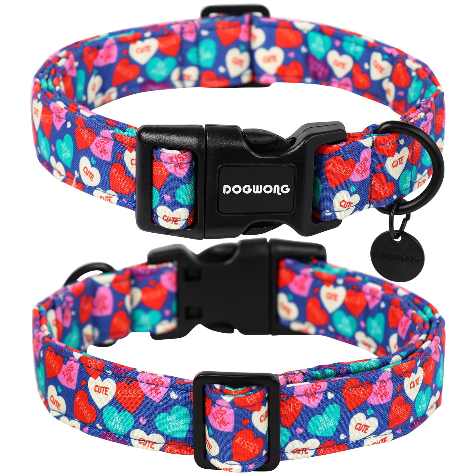 Dogwong Valentine'S Dog Collar - Blue Heart Candy Adjustable Cotton Heart Dog Collar - Perfect For Medium, Large Dogs
