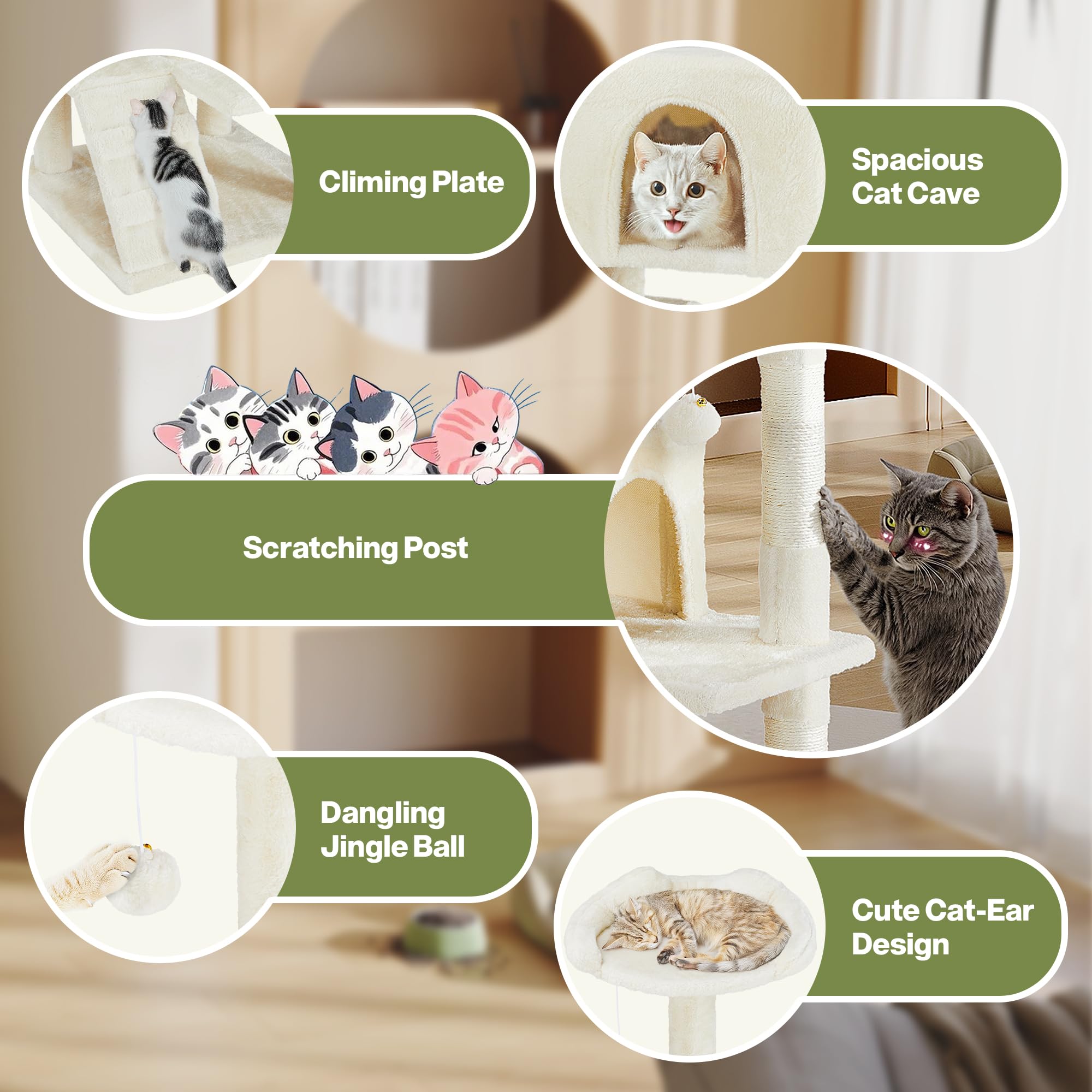 54 Inches Cat Tower Condo Furniture, Cat Tree Tower For Indoor Cats, Cozy Hammock And Sisal Scratching Posts, Multi-Level Durabl