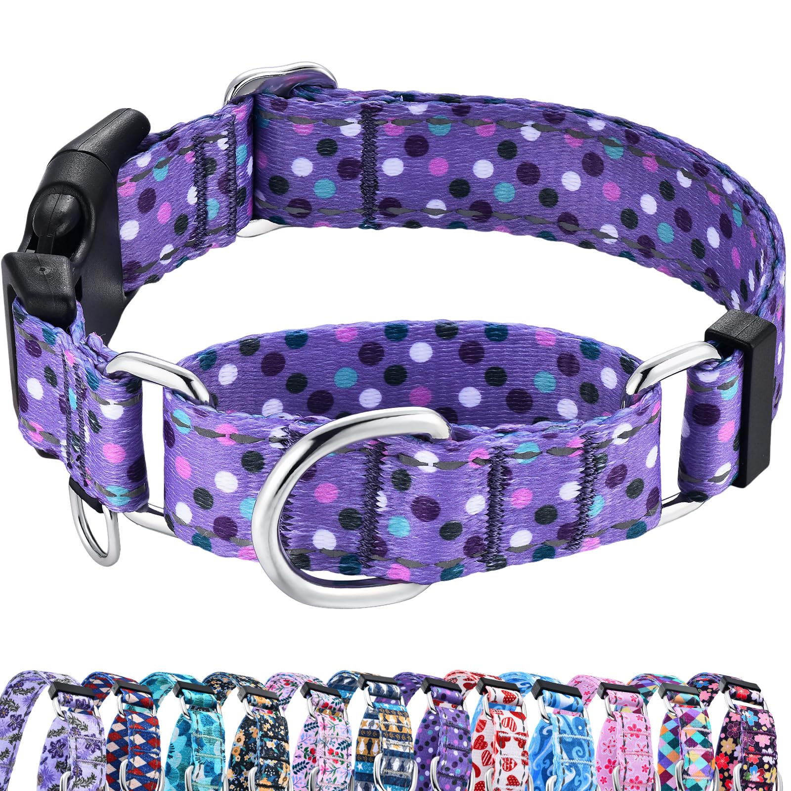 Fidohug Reflective Martingale Collar For Dogs With Quick Release Buckle Cute No Pull Training Dog Collars (Purple Polka Dot, Sma