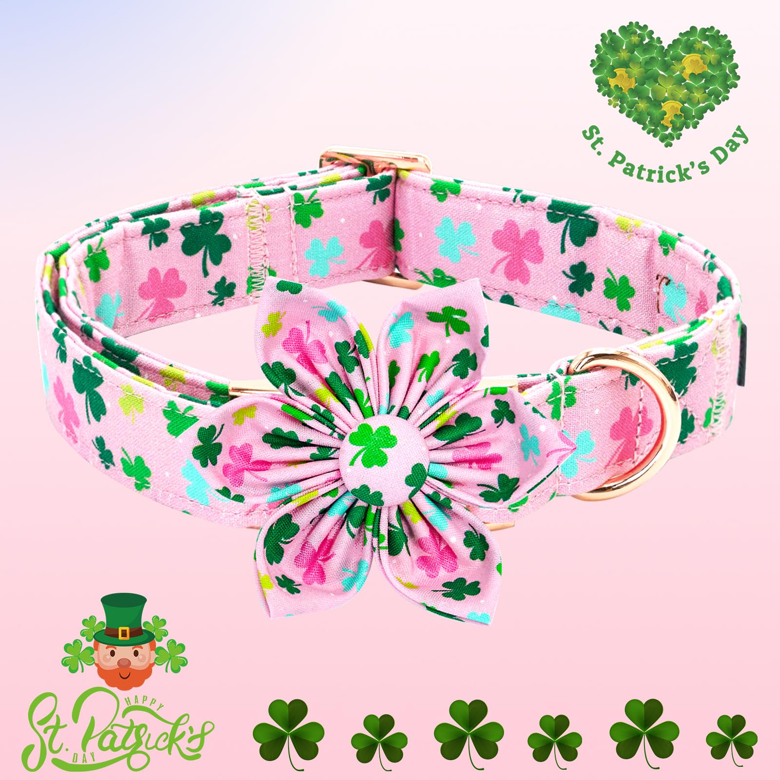 Elegant little tail St Patrick's Dog Collar with Flower Green Cute Colver Cotton Shamrock Pet Collar Trefoil Puppy Collar Flower