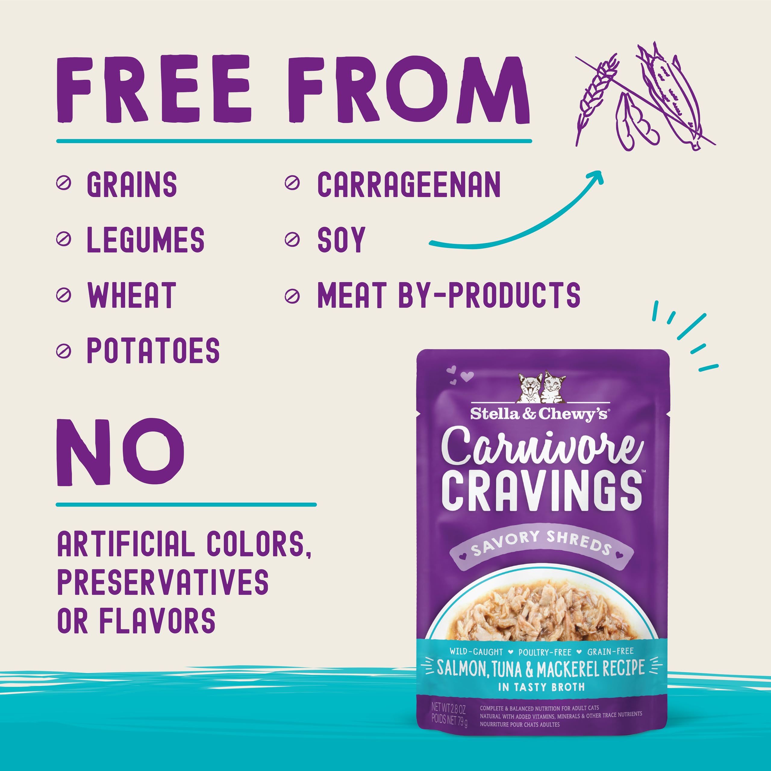 Stella & Chewy's Carnivore Cravings Wet Cat Food, Grain Free Salmon, Tuna & Mackerel, 2.8 oz Pouches, 24 Pack
