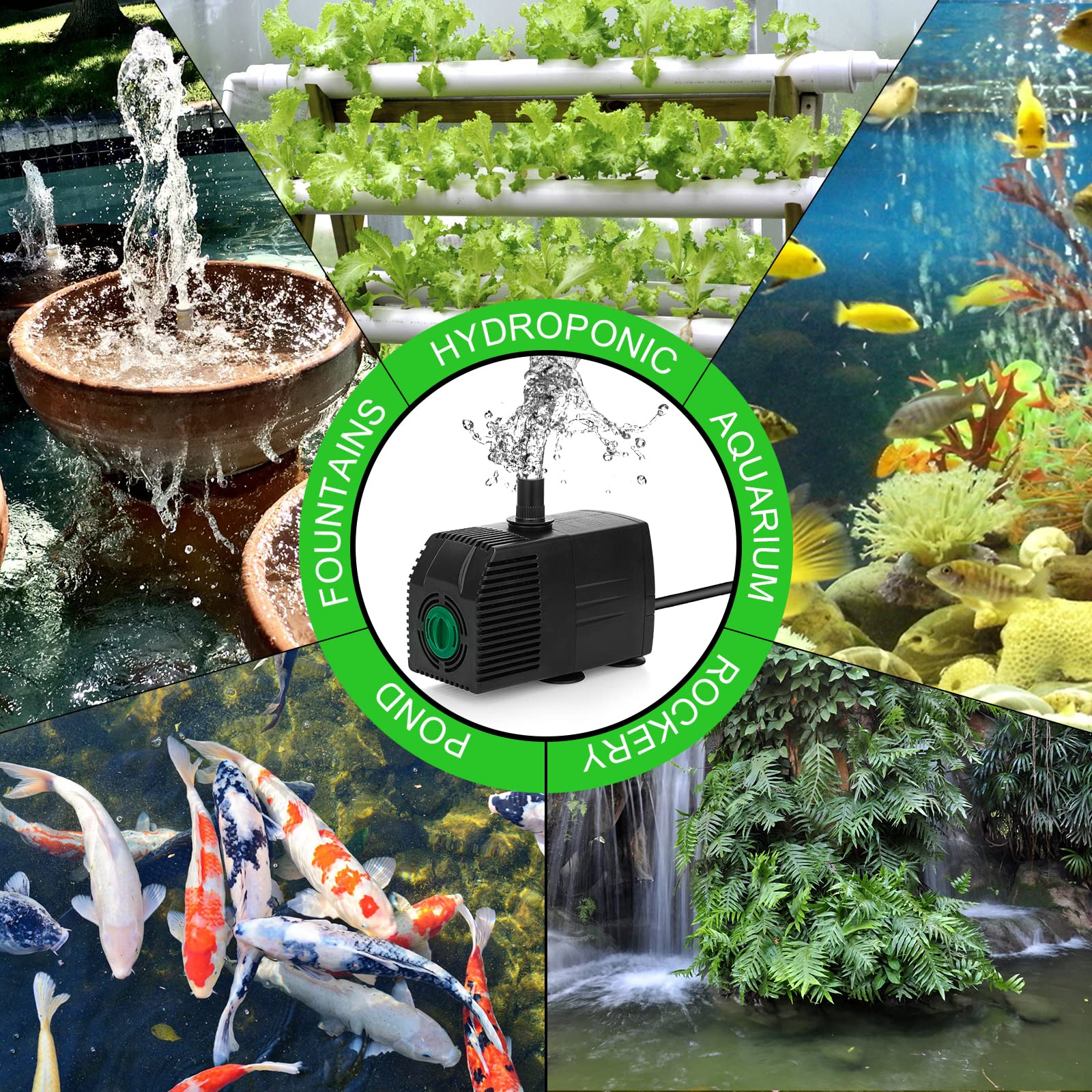 BARST Submersible Water Pump, 160GPH Aquarium Pump with Pre-Filter Screen, Adjustable Fountain Pump with 3 Nozzles and 6ft Power