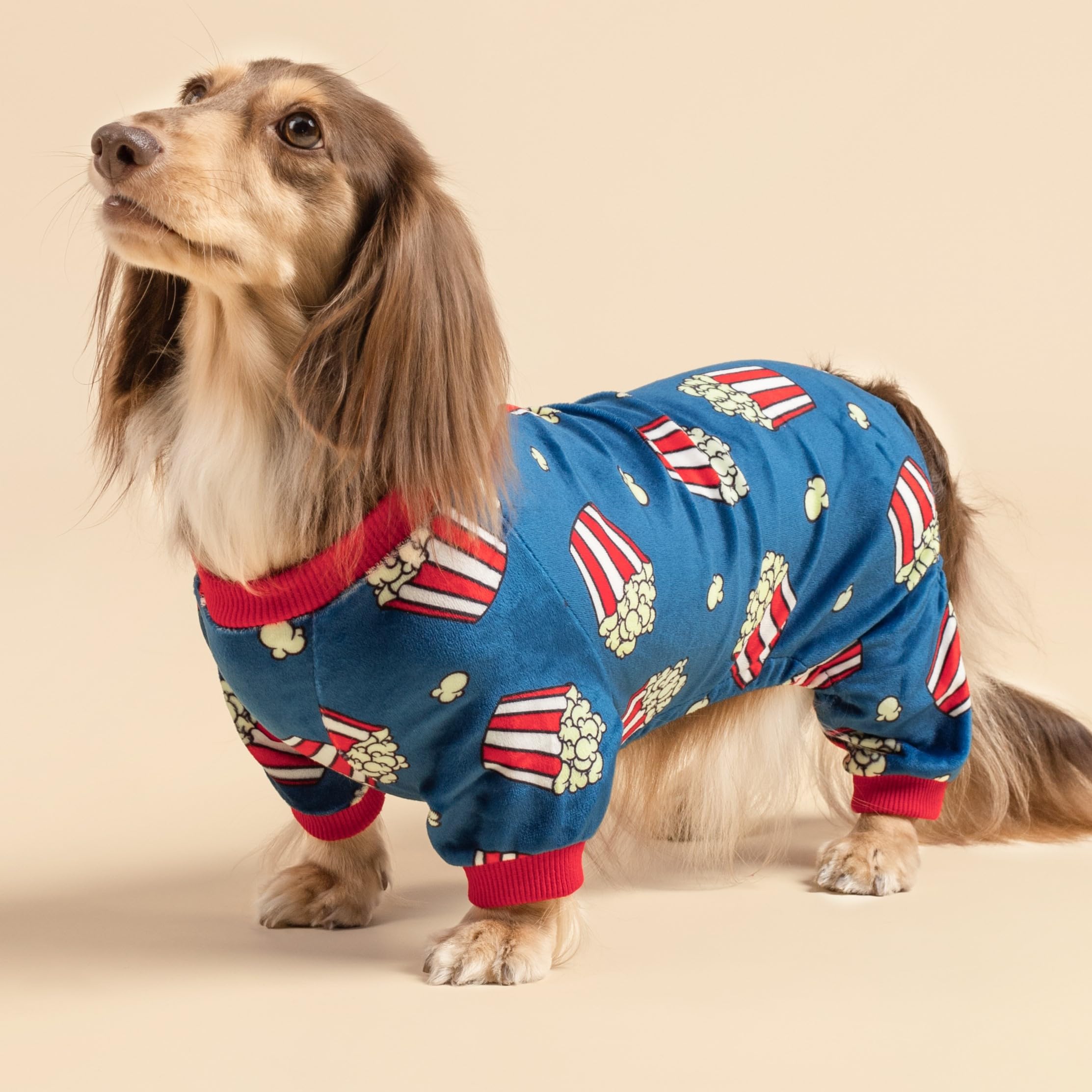 Fitwarm Popcorn Dog Pajamas, Funny Dog Clothes For Small Dogs Boy Girl, Fleece Pet Onesie With Feet, Blue, Red, White, Yellow, M