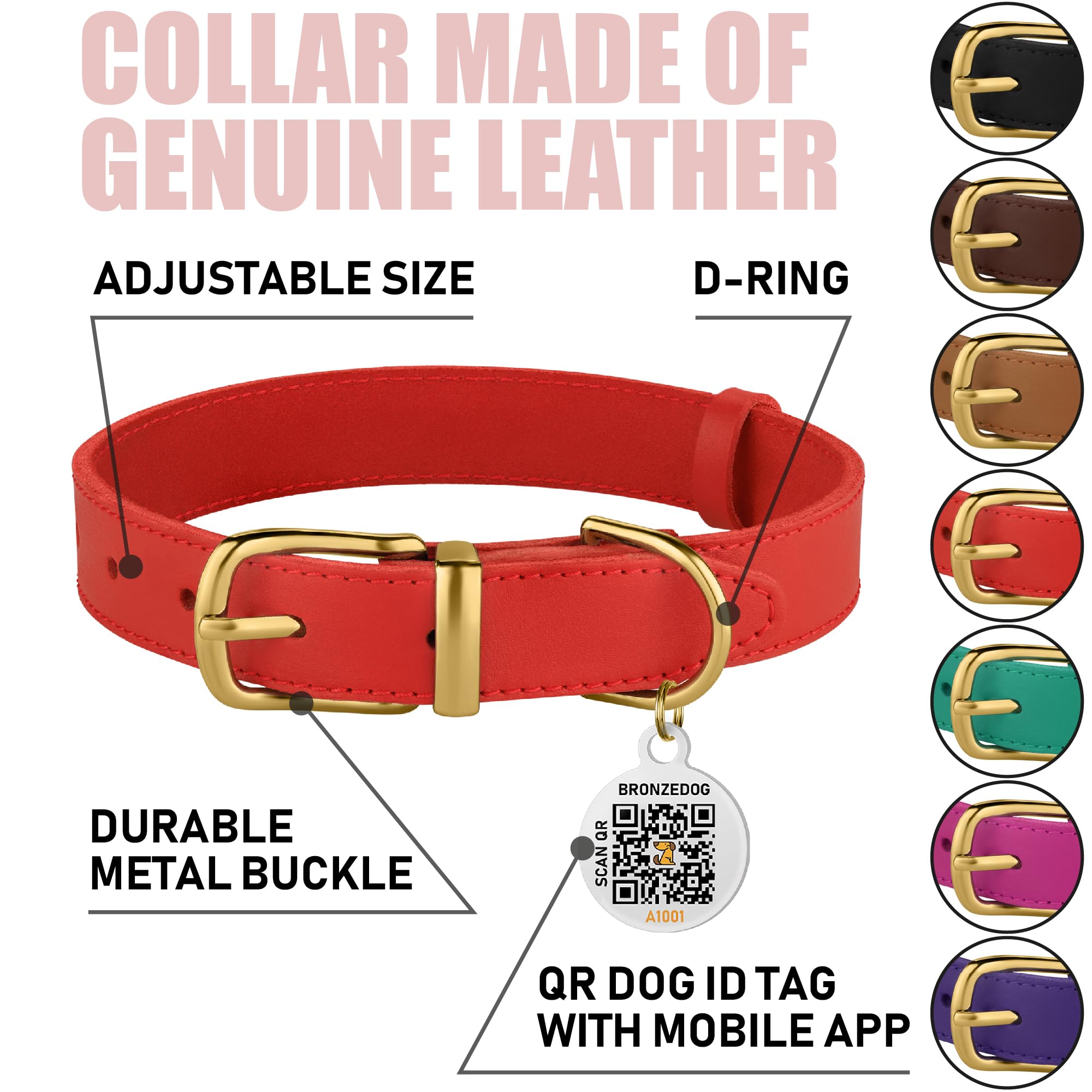 Bronzedog Leather Dog Collar With Metal Buckle Durable Basic Pet Collars For Small Medium Large Dogs (13-16 Inch (Pack Of 1), Re
