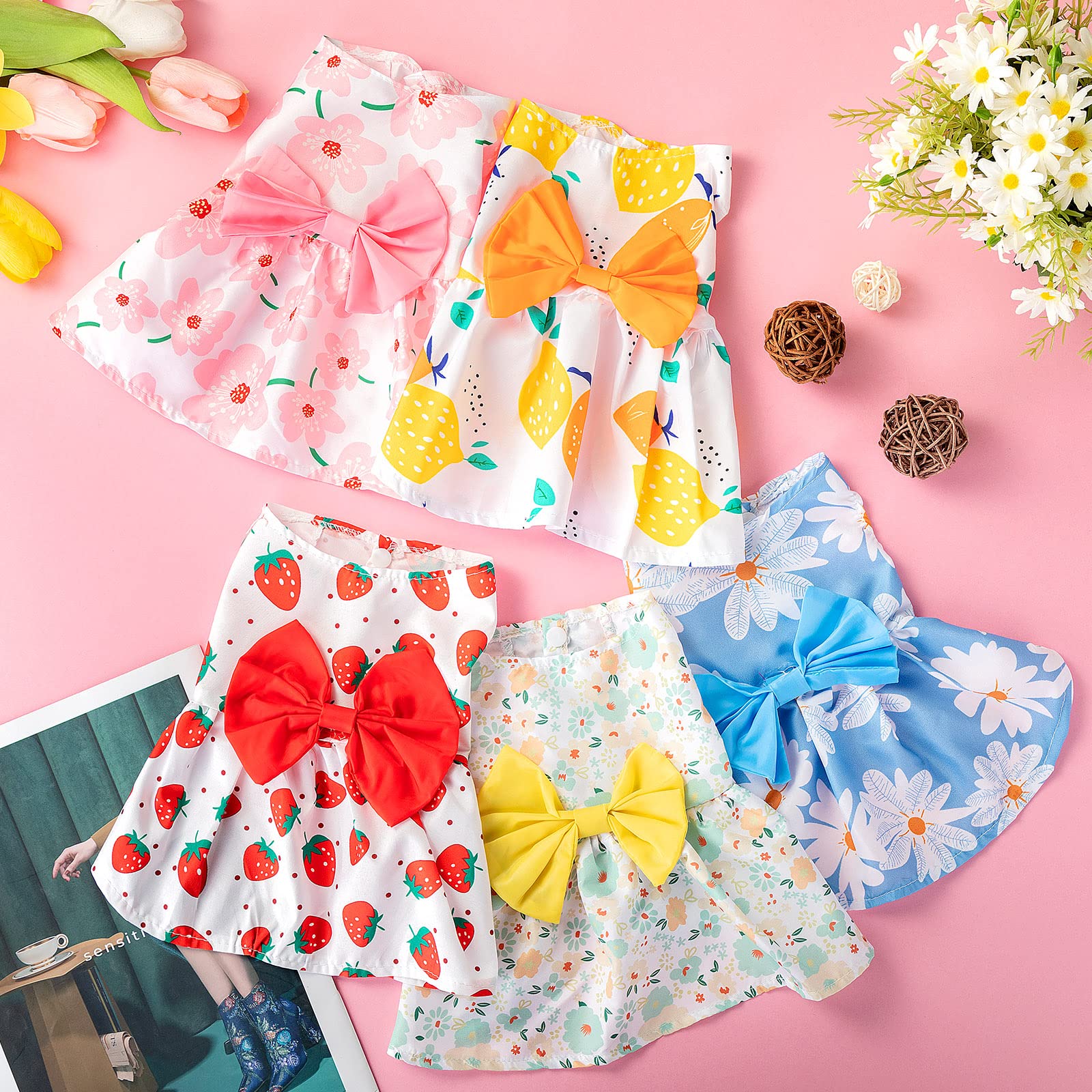 5 Pieces Dog Clothes Girl Dog Dresses Small Floral Puppy Dresses Pet Cat Princess Bowknot Clothes Cute Puppy Summer Outfits For Yorkie Female Cat Small Pets, 5 Styles(Cute Style,X Large)