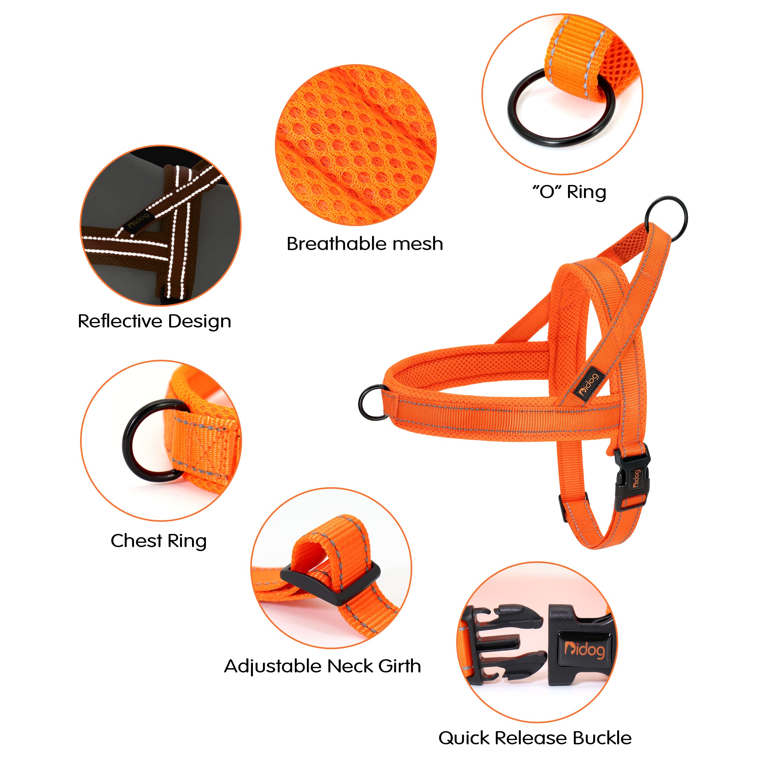 Didog Soft Mesh Padded Dog Vest Harness,Escape Proof/Quick Fit Reflective Dog Strap Harness, Easy For Training Walking (L:Chest 26-32', Orange)