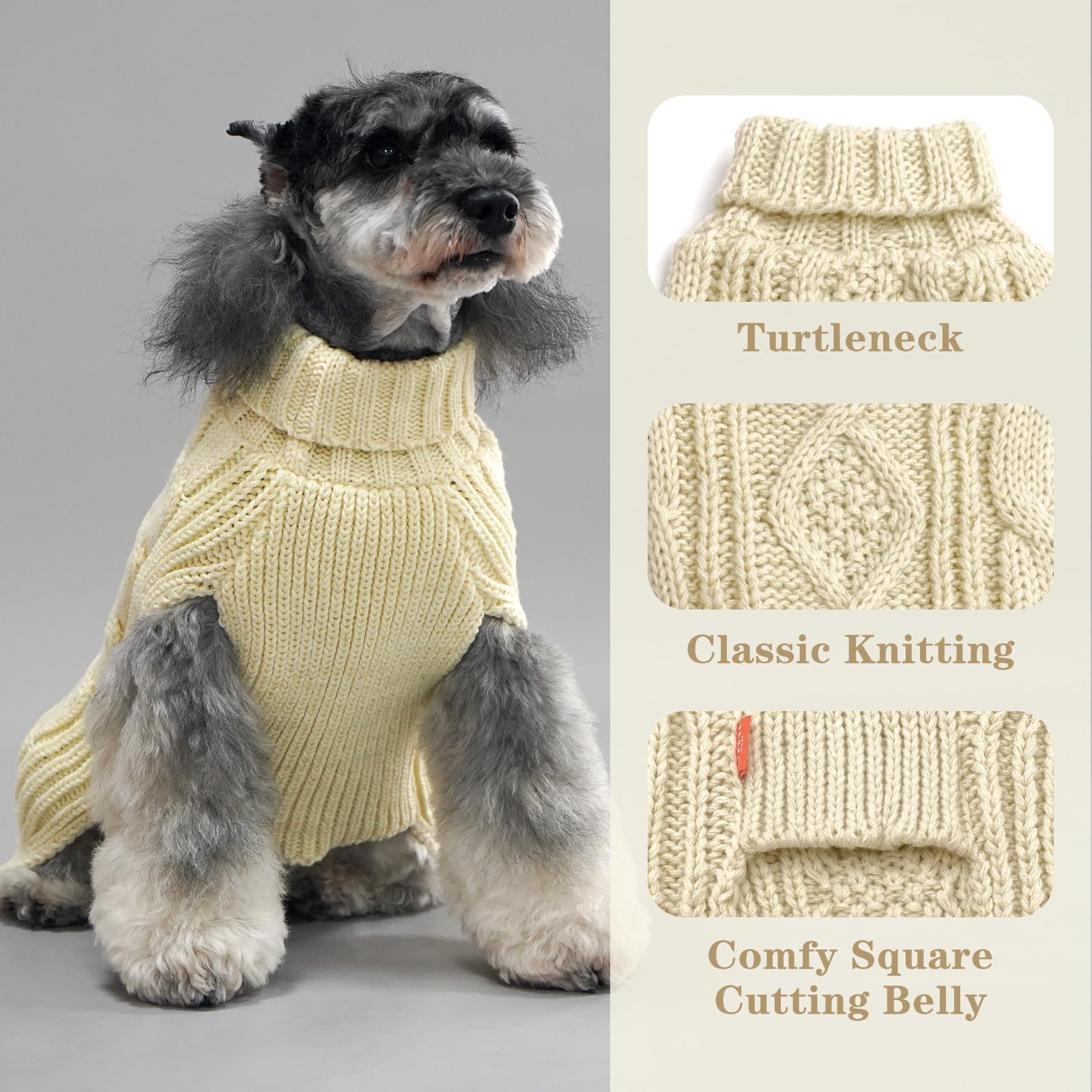 Kyeese Dog Sweaters For Medium Dogs Turtleneck Dog Cable Knit Puppy Sweater With Golden Thread For Cold Weather, Beige, Large