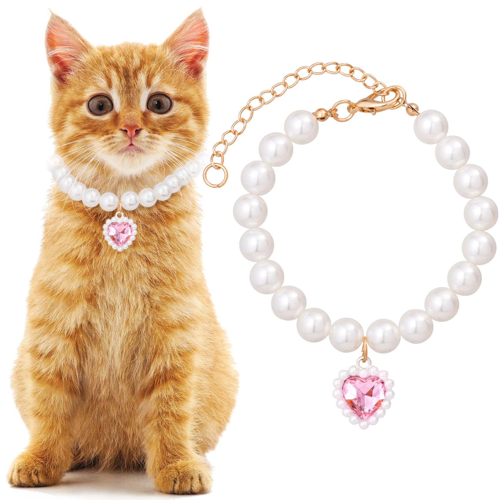 Mxxipp Cat Pearl Collar With Heart Pendant, Cute Pearl Pet Necklace In Medium, Adjustable Wedding Party Small Dog Jewelry Access