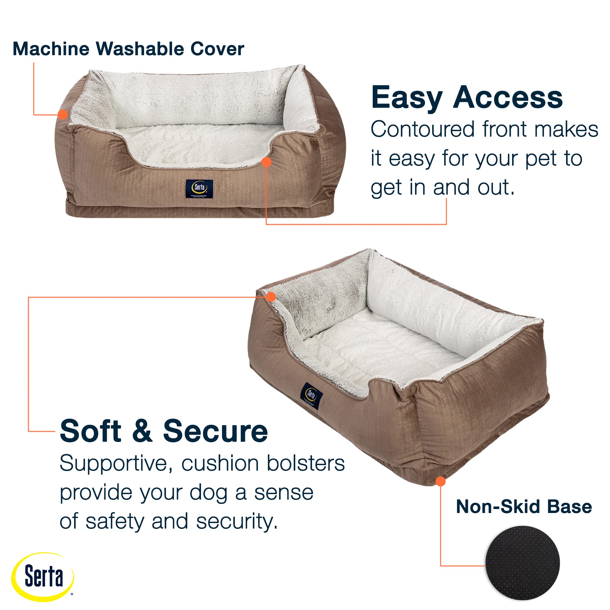 Serta Orthopedic Cuddler Dog Bed – X-Large, Chocolate Brown, 44"L x 30"W x 10"Th, Durable Polyester Material