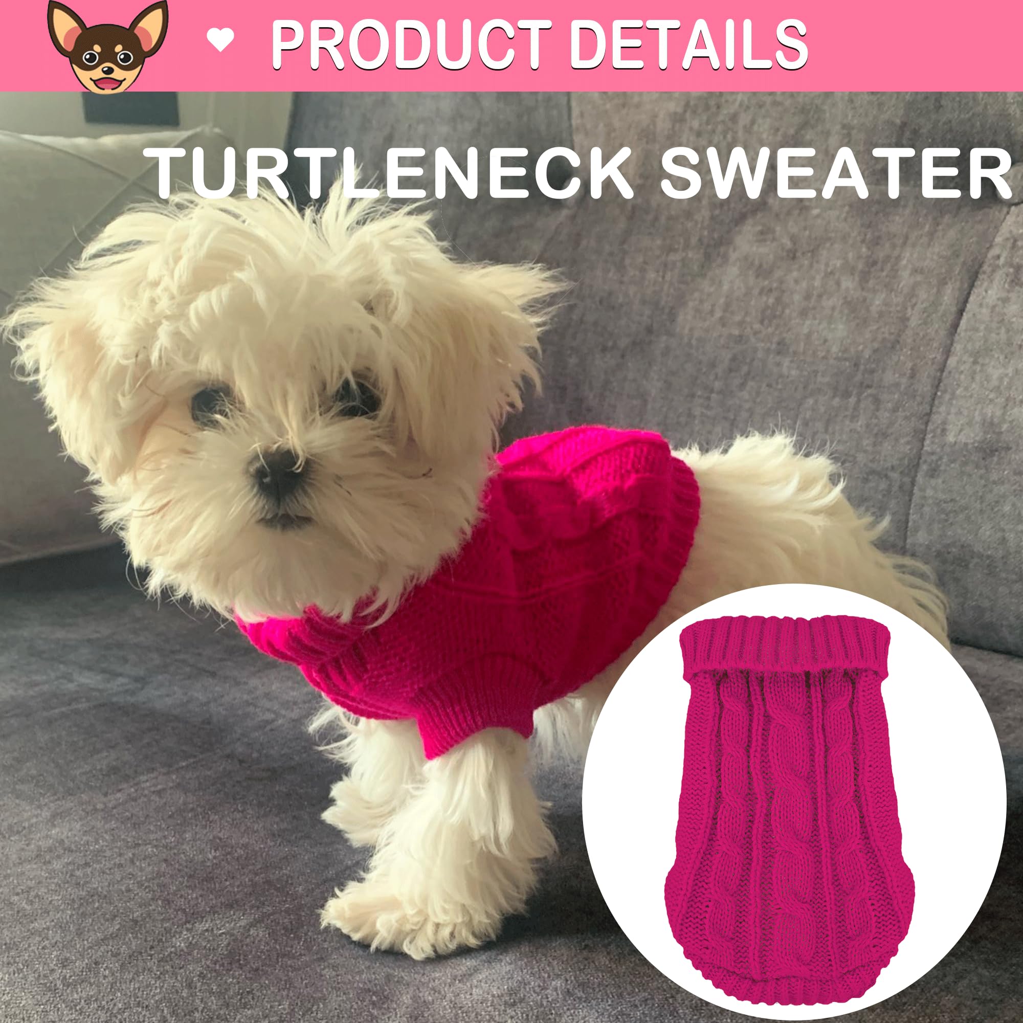Kallfir's cutie XXS Dog Sweater - 2 Piece Turtleneck Knitted Rose-Pink Chihuahua Clothes for Small Dogs & Cats, Model 509O4