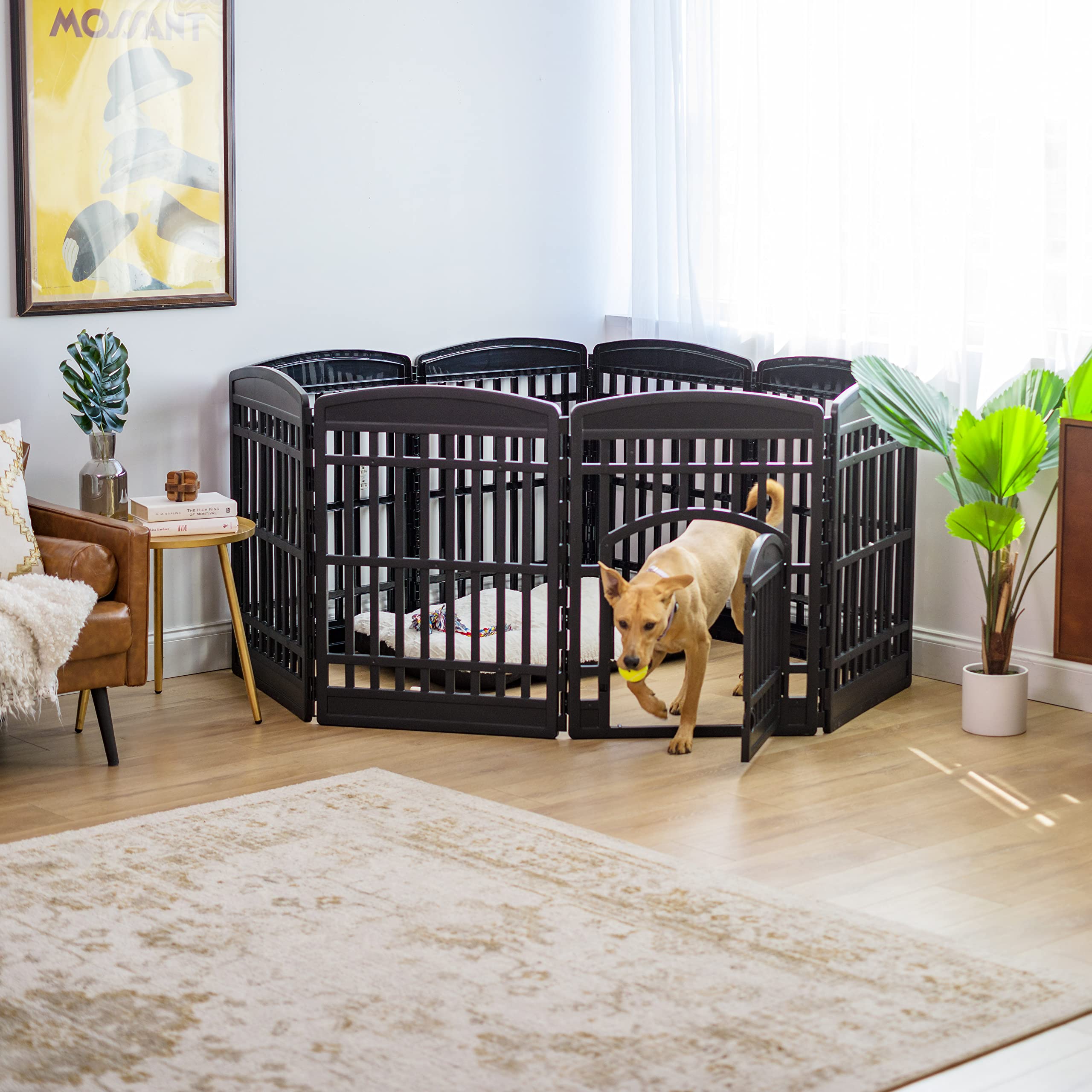 Iris Usa 34' Exercise 8-Panel Pet Playpen With Door, Dog Playpen, For Medium And Large Dogs, Keep Pets Secure, Easy Assemble, Fold It Down, Easy Storing, Customizable, Black