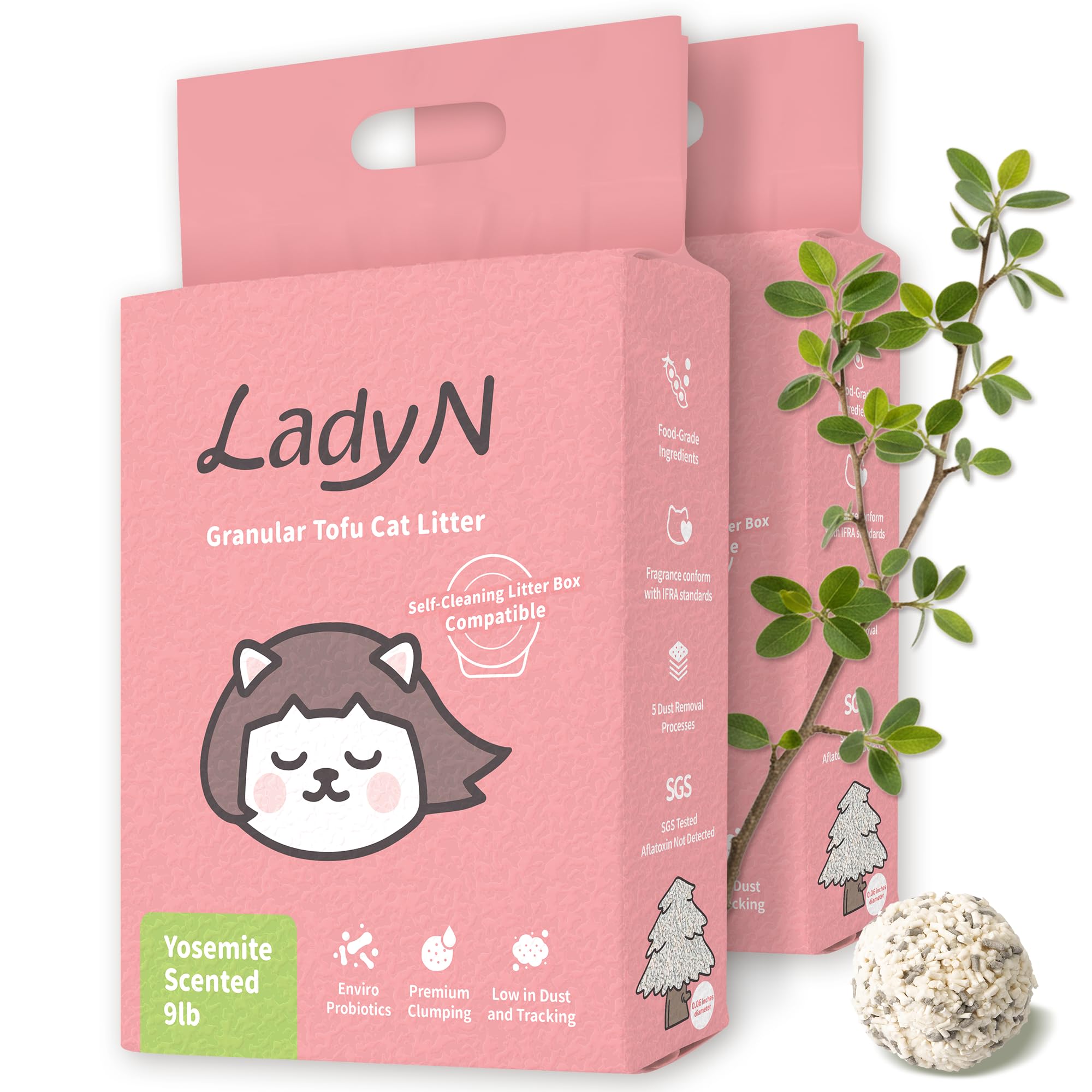 Lady N Granular Tofu Cat Litter Yosemite Scent, Mini-Pellet Compatible with Automatic Self-Cleaning Cat Litter Box, Premium Clum