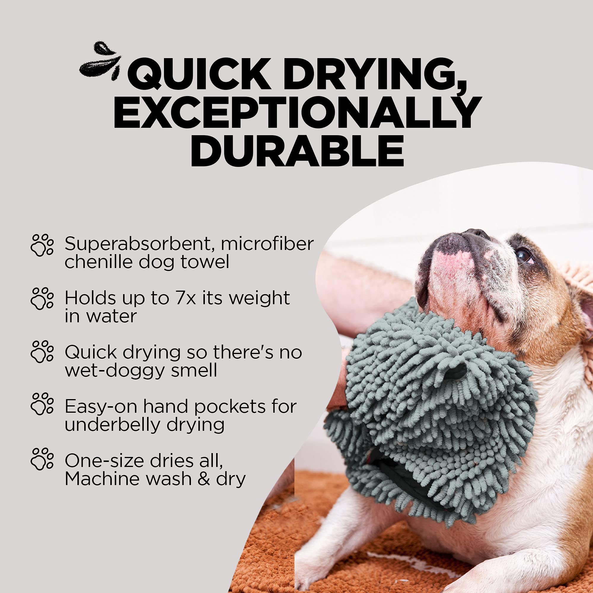Soggy Doggy Super Shammy Dog Towel, Washable Microfiber Dog Towels For Drying Dogs And Cleaning Paws, Fast-Drying Dog Bath Towel With Hand Pockets, Gray/Gray Trim, 31 X 14 Inches