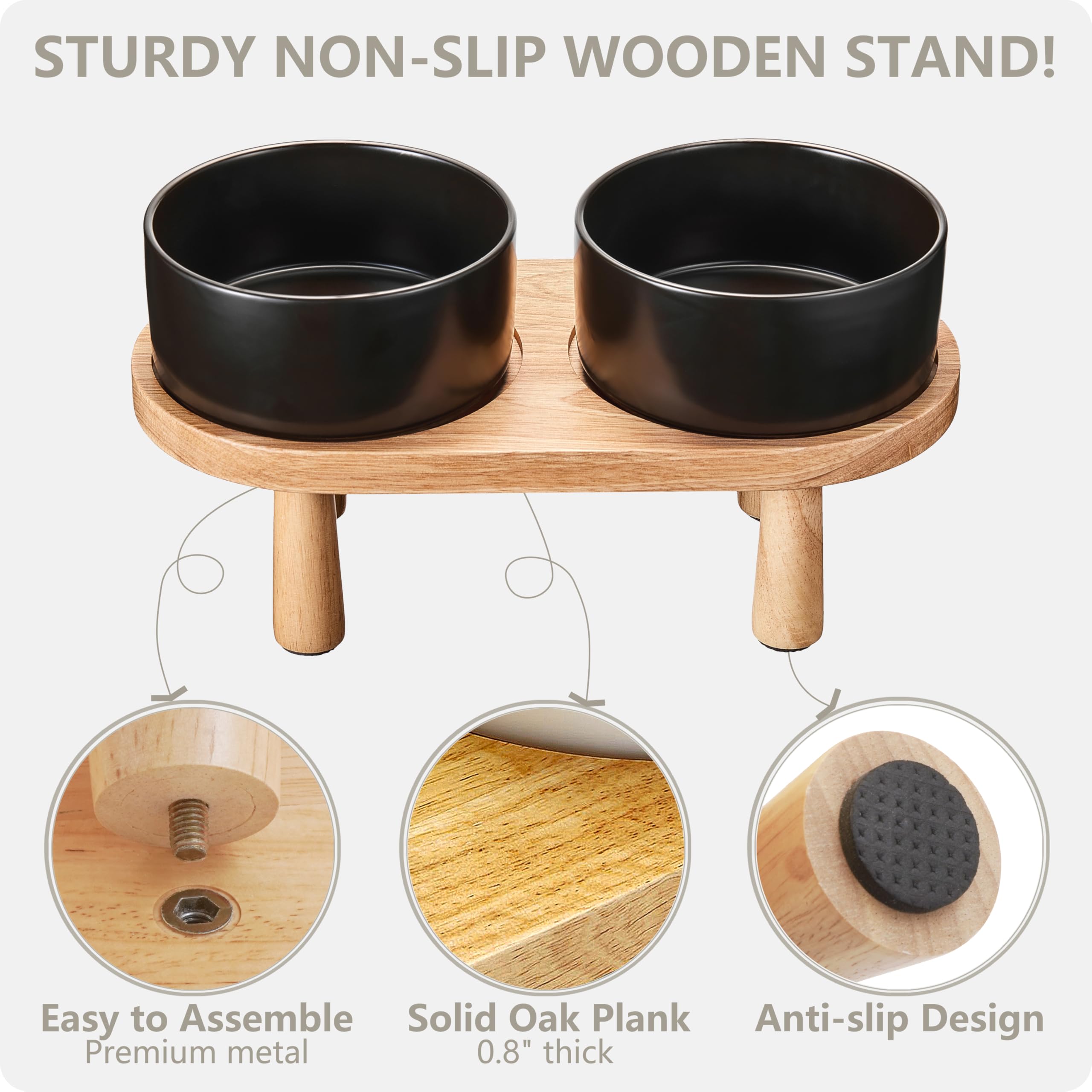 MOPANG Ceramic Elevated Dog Bowls Set, 3.5 Cups with Wood Stand, Black, for Medium & Small Dogs