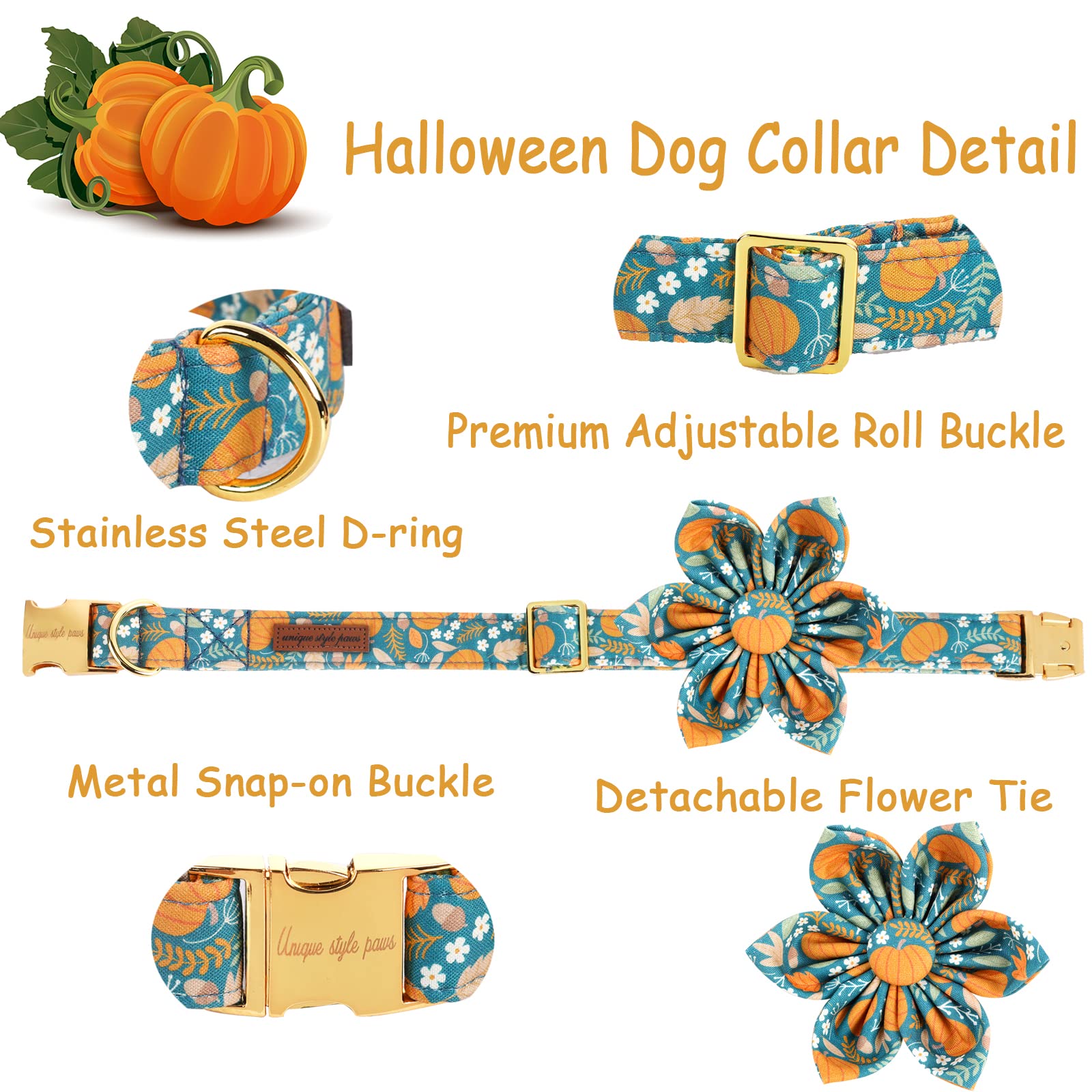 Unique Style Paws Halloween Dog Collar With Flower Tie Pumpkin Cotton Collar Adjustable Puppy Collar For Small Medium Large Dogs-L