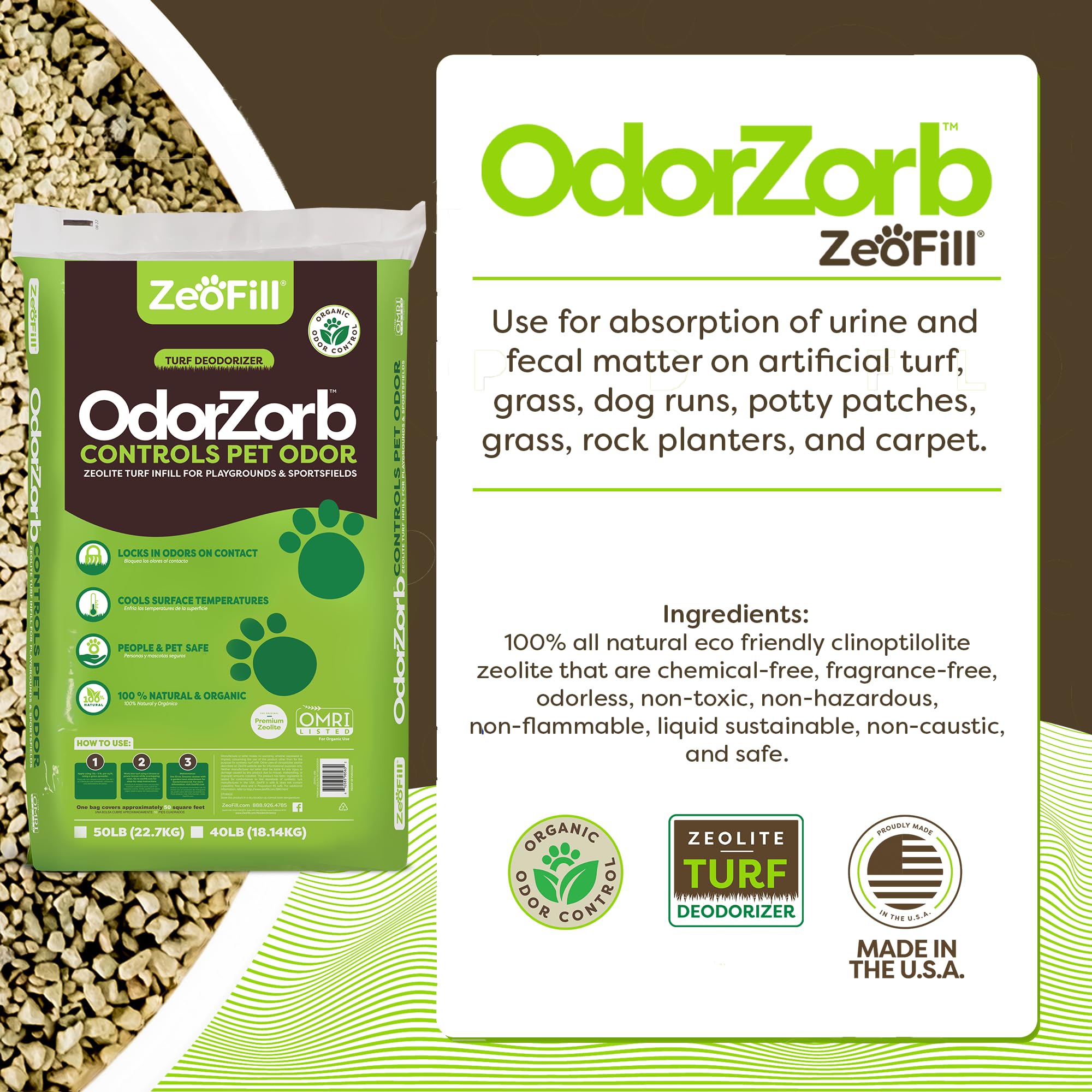 Zeofill Premium Outdoor Odor Infill - 40Lbs. Bag - Pet Urine Odor Eliminator For Artificial Turf, Grass, Playgrounds, & Sport Fi