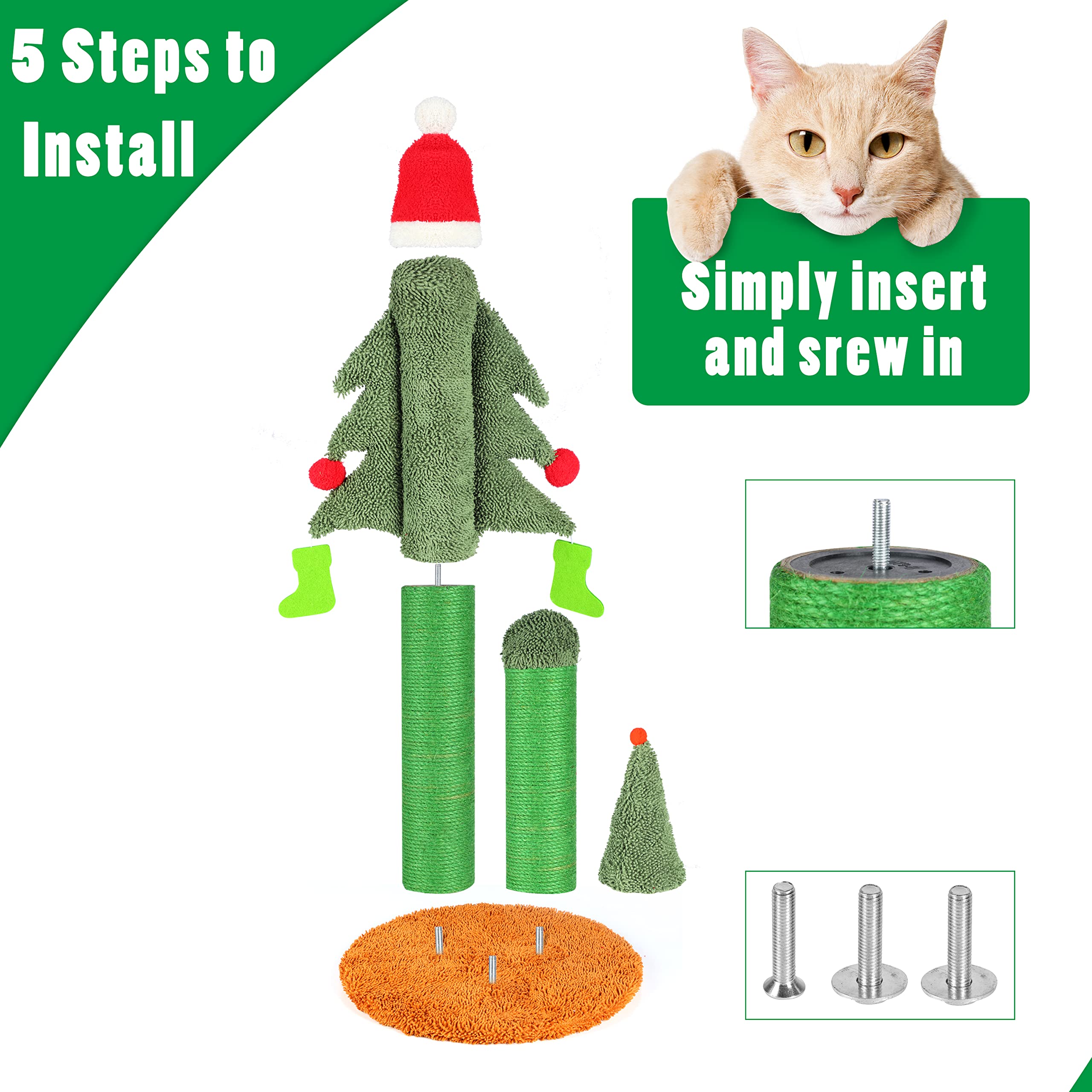 FluffyDream 32    Cat Scratching Post, Tall Christmas Tree Cat Scratcher with 3 Posts and Cute Dangling Teaser Balls, Natural Si