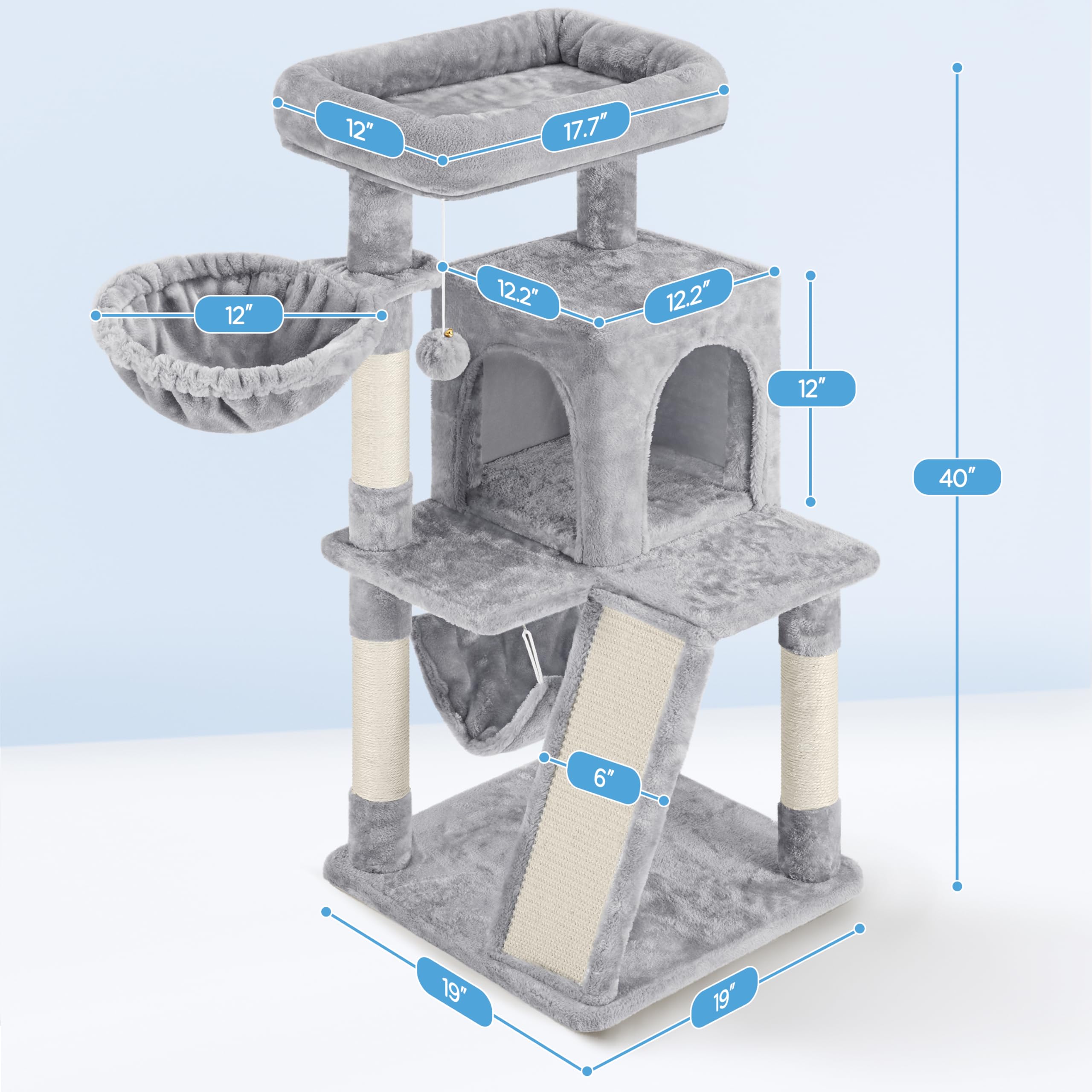 Yaheetech Cat Tree Cat Tower, 40-Inch Cat Condo With Oversized Soft Platform, Scratching Board, Basket And Hammock, Cat Furniture For Kittens Cats Pets, Light Gray