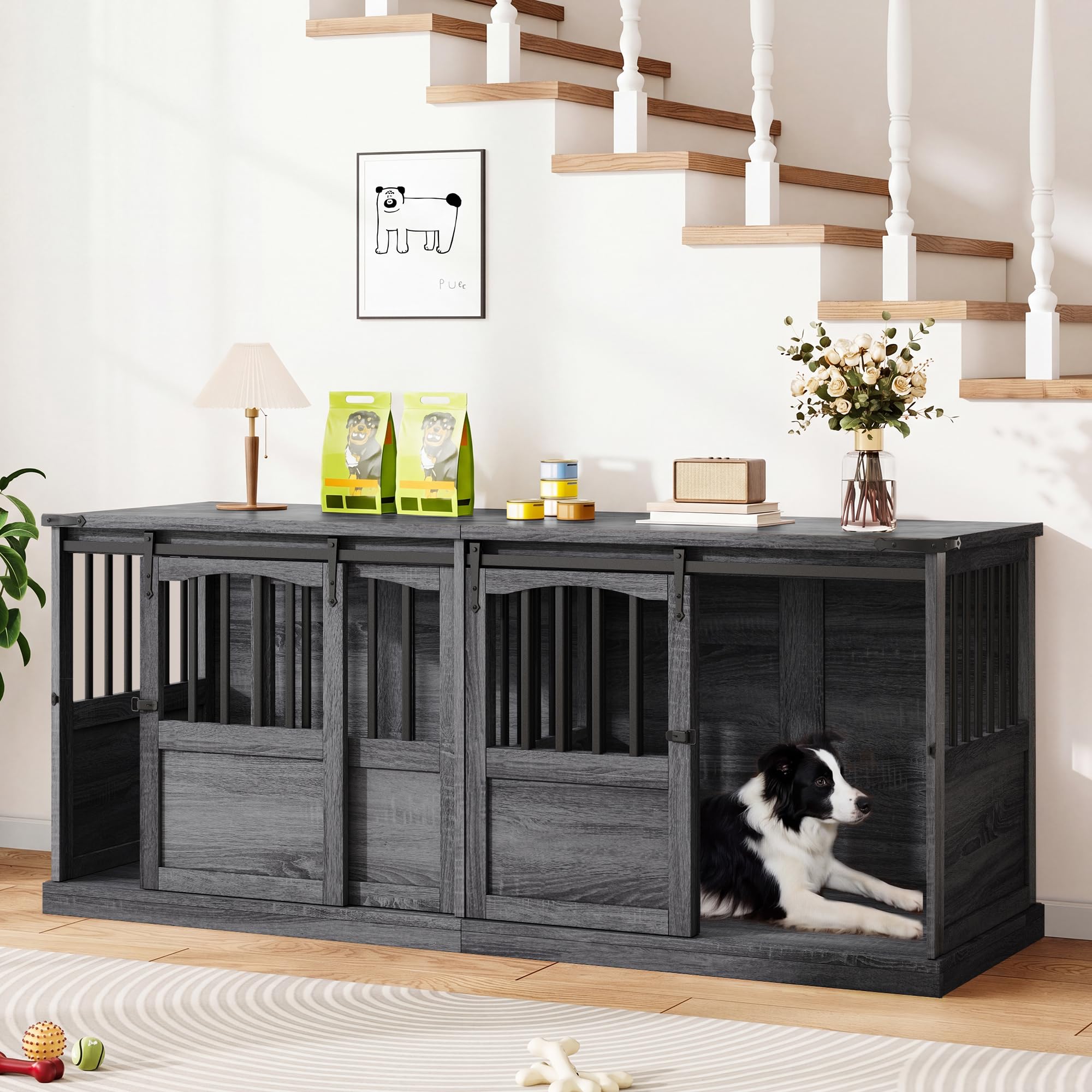 Homiflex 72 Double Dog Crate Furniture for 2 Medium Large Dogs Wooden Heavy Duty Dog Kennel Furniture with 2 Sliding Doors and D