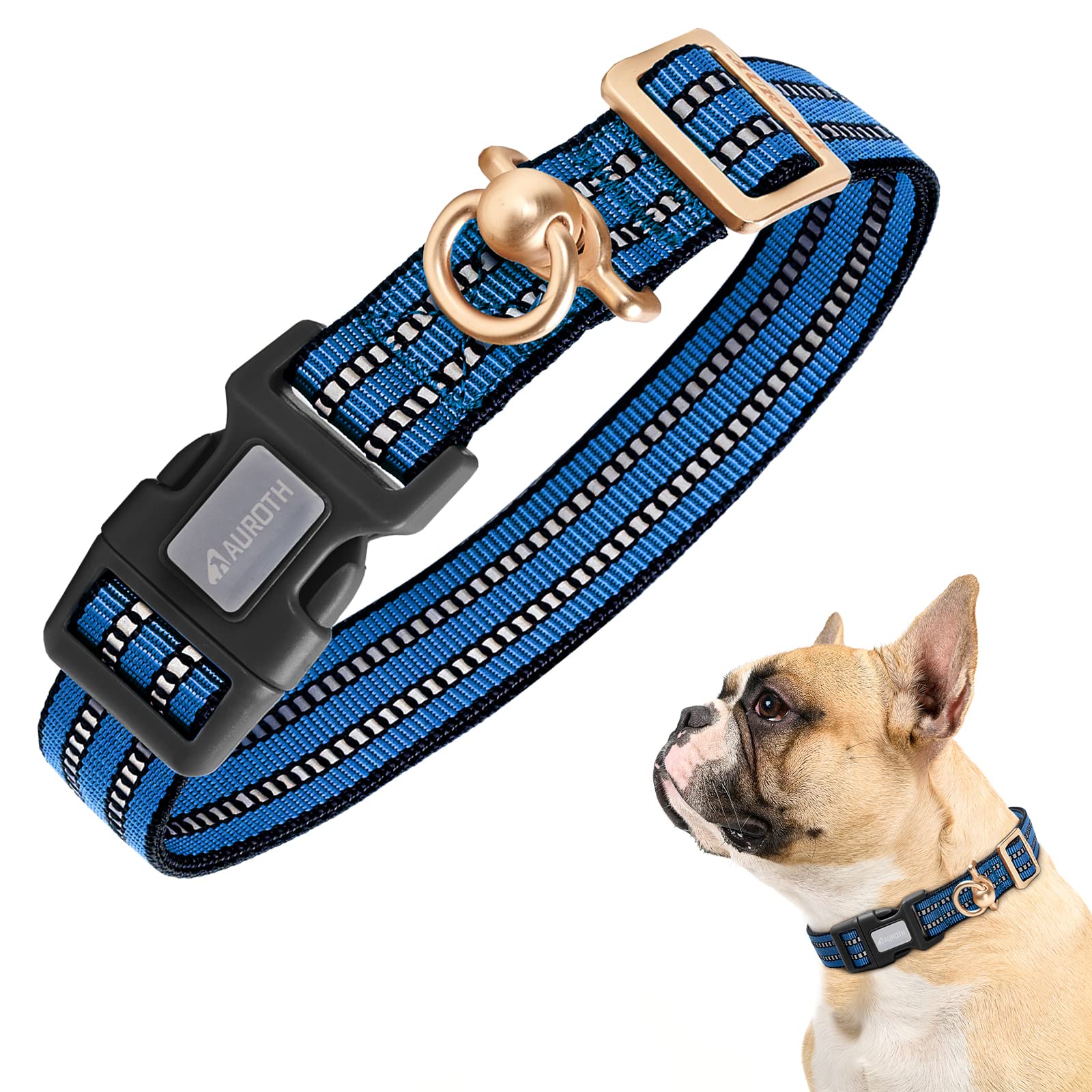 Auroth Dog Collar For Medium Large Dogs, Reflective Dog Collar, Soft Nylon Adjustable Dog Collars With Heavy Duty Metal D Ring Tangle Free (Medium:12'-19.6', Dark Blue)