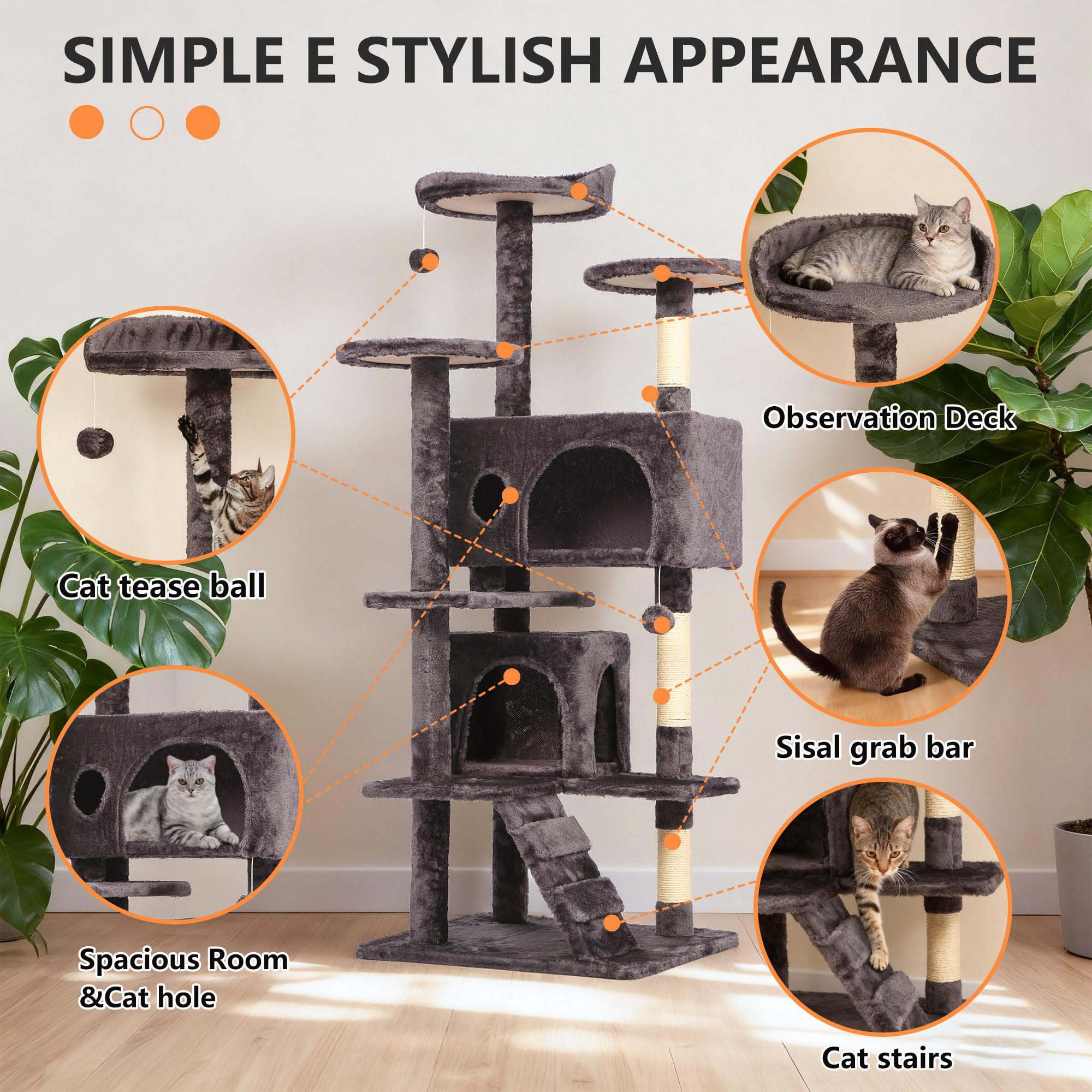 BestPet | 54 Cat Tree Tower | Purple Gray | Sturdy, Easy to Assemble, Multi-Level Activity Center with Sisal Scratching Posts, C