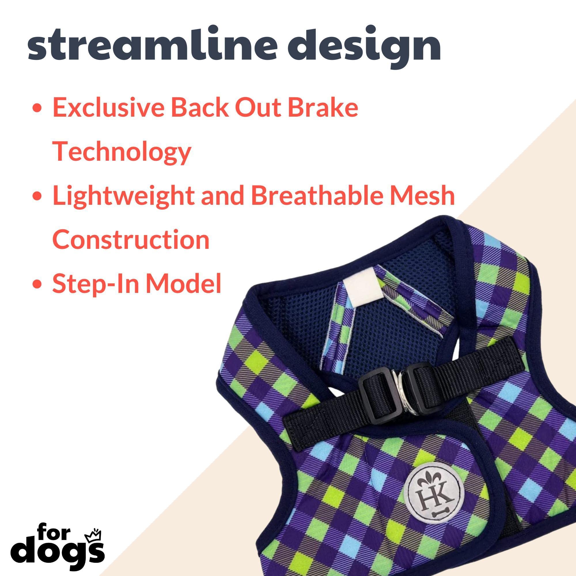 Huxley & Kent Hudson Walking & Training Harness - Blue/Green Check (Extra-Large, 35-50Lbs) - Easy Control Step-In Mesh Vest Harn