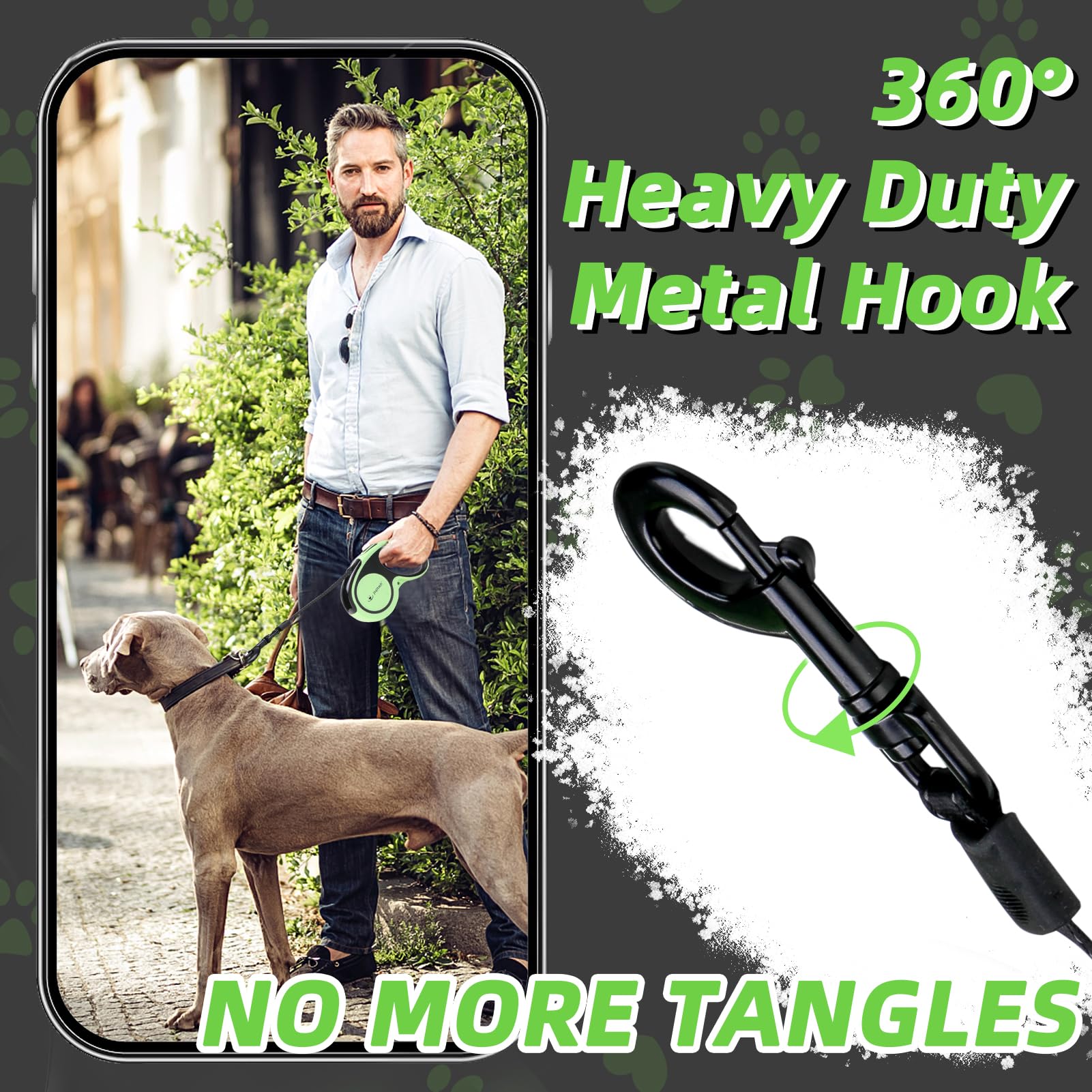 PUPTECK Chew Proof Retractable Dog Leash, 16ft Reflective, for Dogs up to 110lbs, Durable Wire Rope, Green