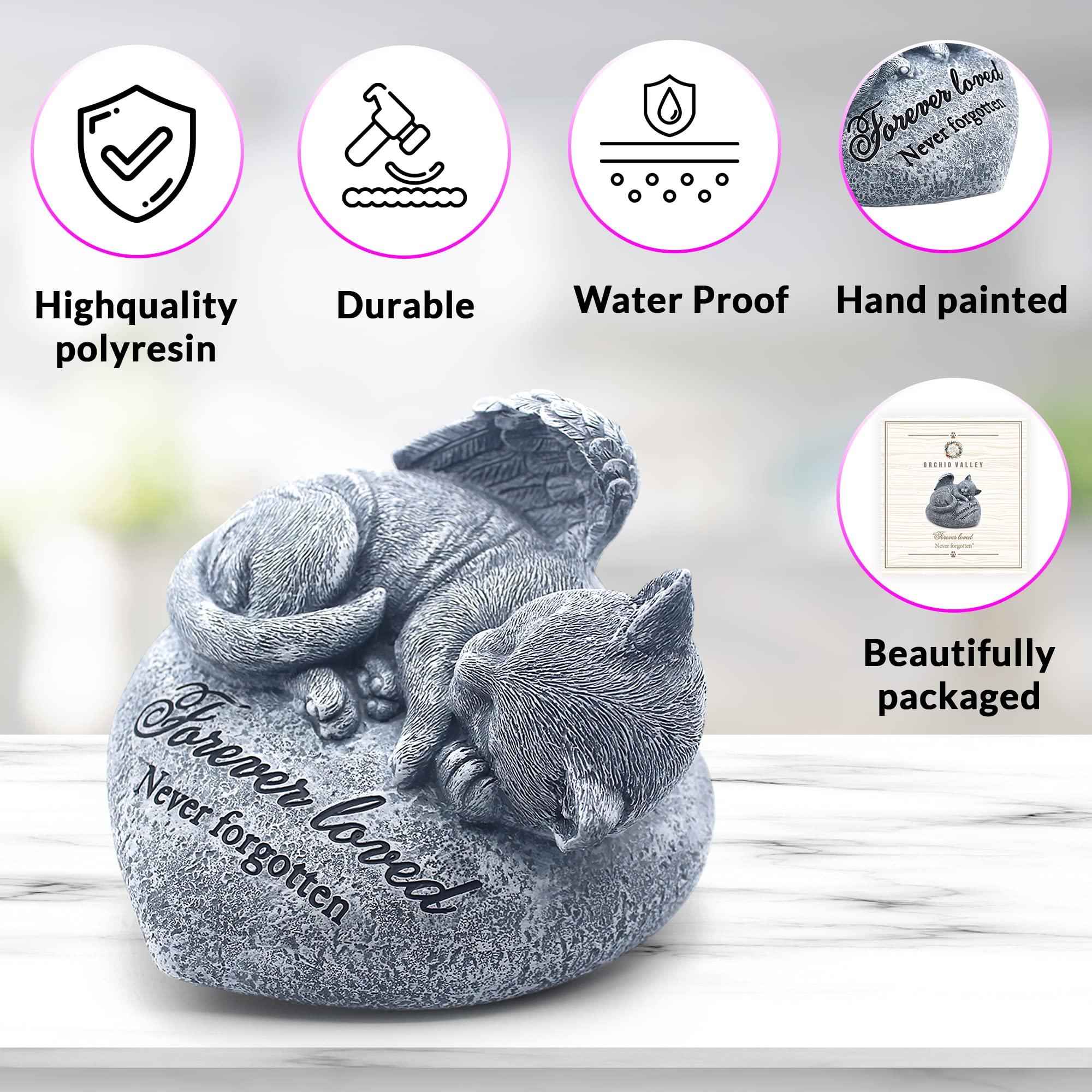 Orchid Valley Sleeping Cat Garden Statue - Pet Memorial Stone - Grave Marker - Beautifully Packaged Memorial Gift, Headstones Fo
