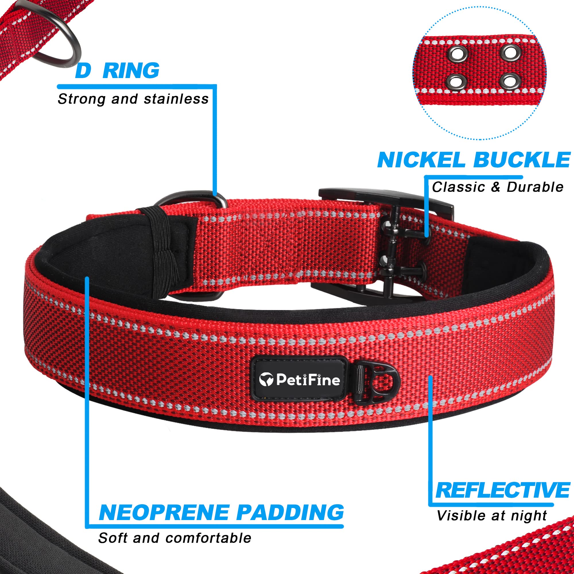 PetiFine Heavy Duty Dog Collar, Adjustable Neoprene, Reflective, X-Large (24"-28"), Red