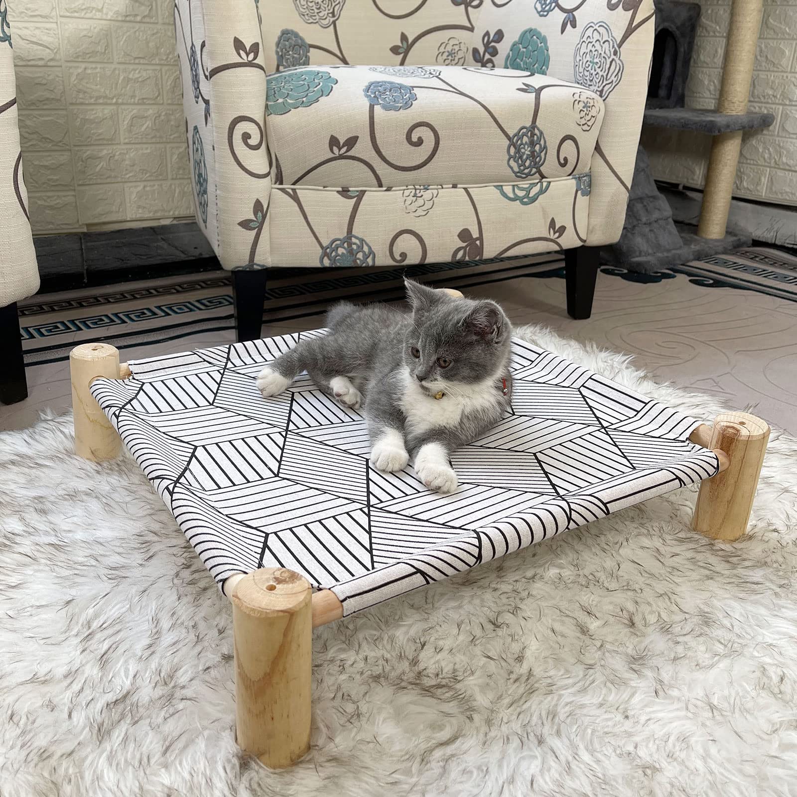Pozico Cat/Dog Bed Hammock - Wooden Raised Indoor/Outdoor Beds - Breathable Mesh For Small Animals - White Diamond