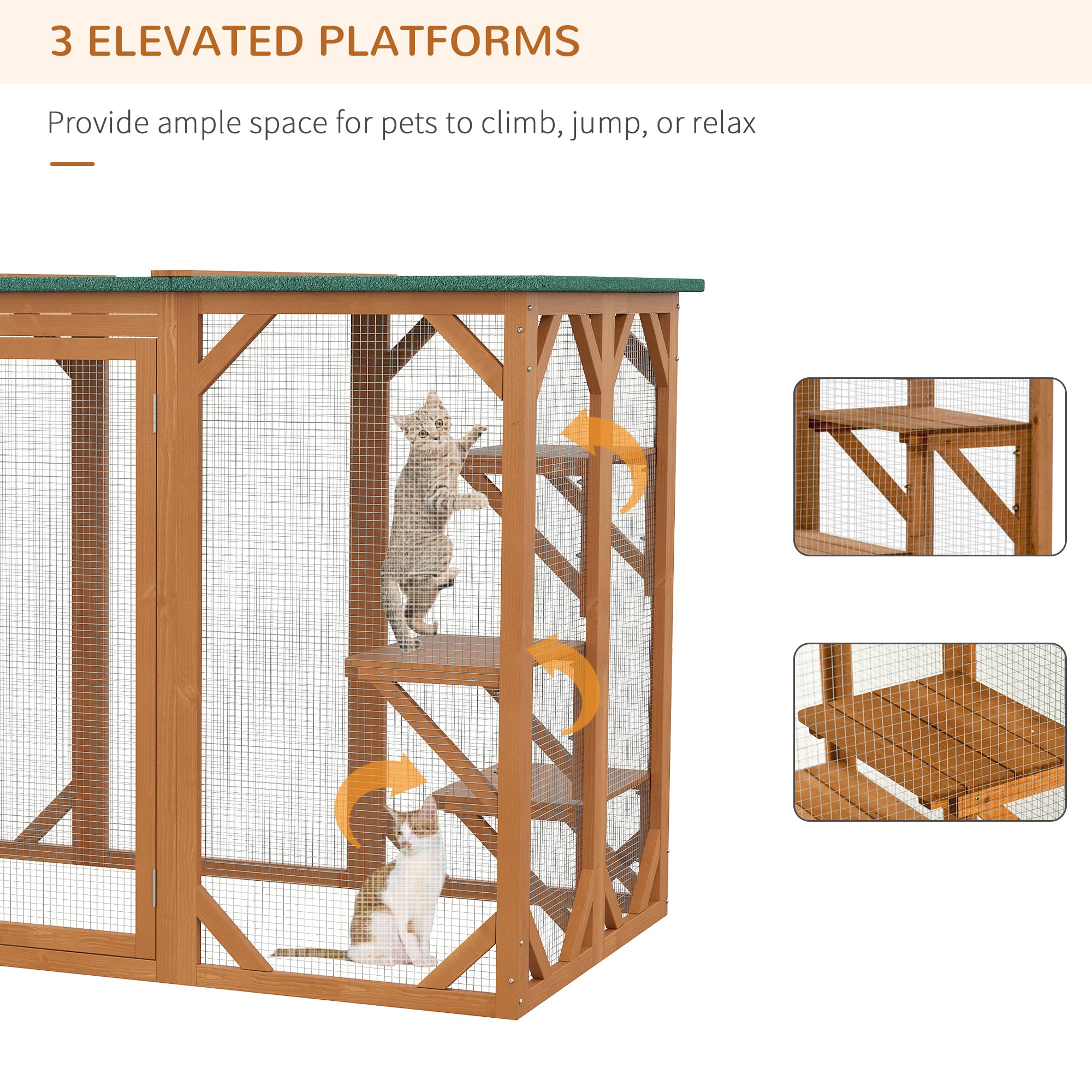 Pawhut Outdoor Cat House, Catio Wooden Feral Cat Shelter, Cat Cage With Platforms, Large Enter Door, Weather Protection Asphalt Roof, 71' L, Orange