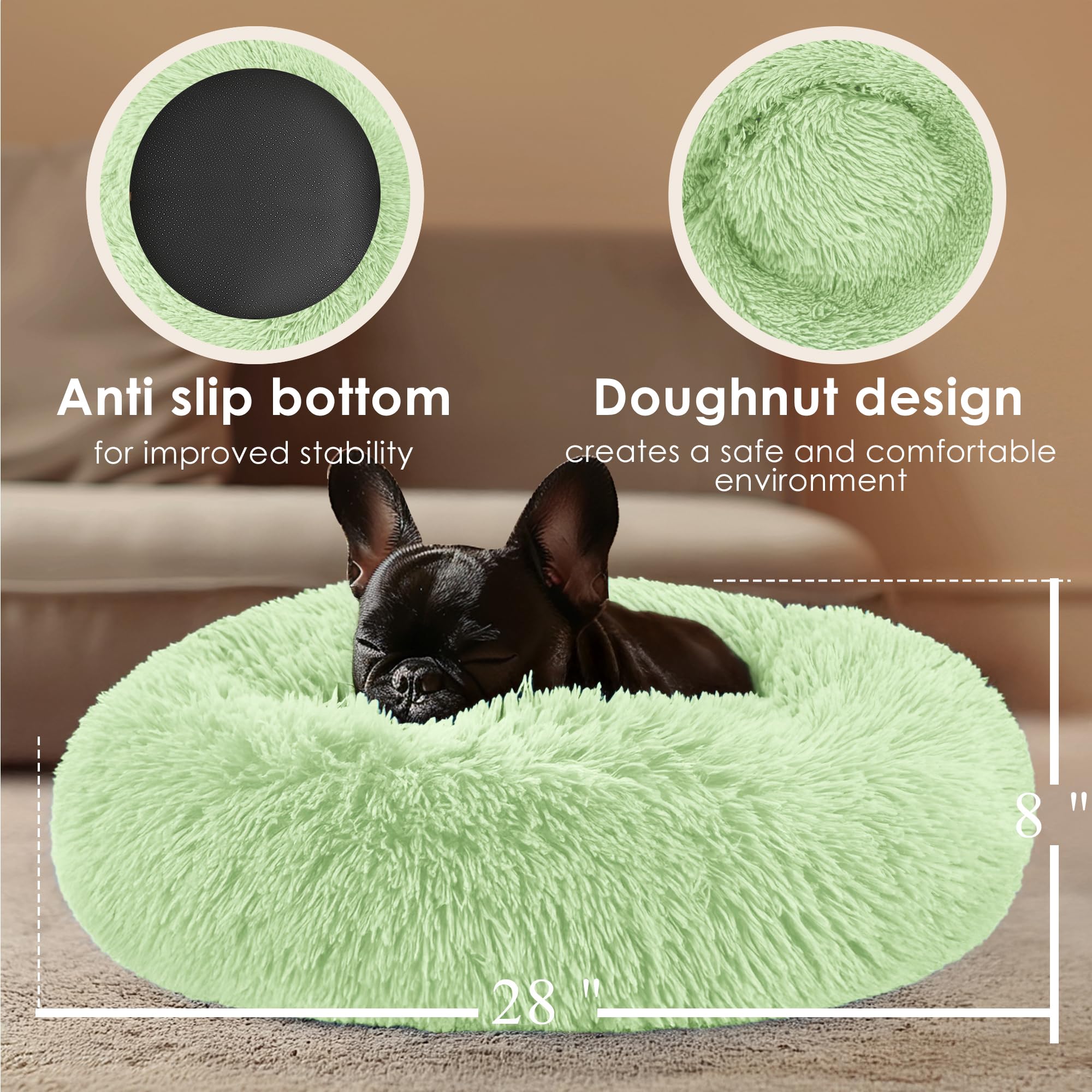 28in Large Dog Bed, Medium Size Dog and Cats, Calming Donut Bed for Puppy and Kitten, Washable Round Fluffy Pet Bed (Green)