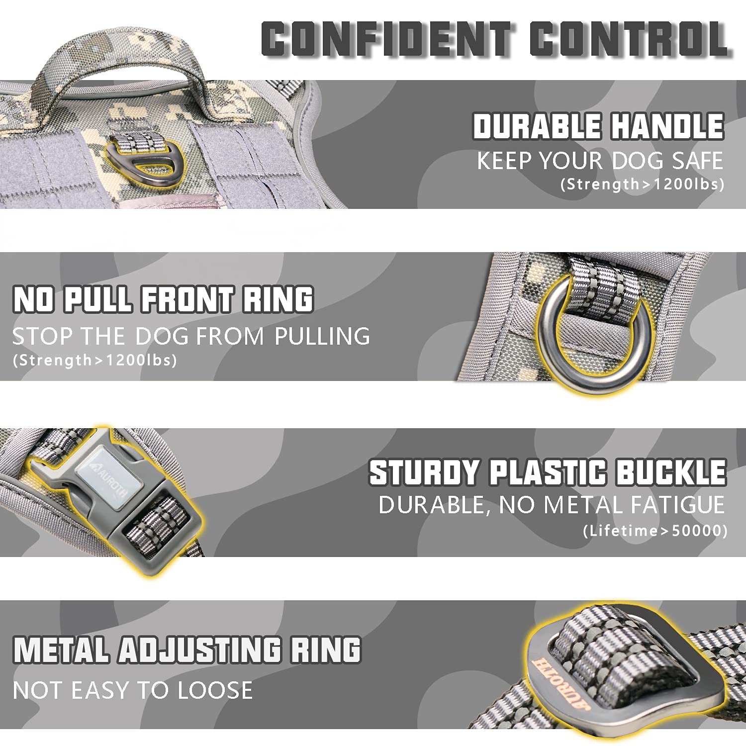 AUROTH Tactical Dog Harness, No Pull, Reflective, XL, Grey Camo, Nylon, Adjustable, for Small Medium Large Dogs