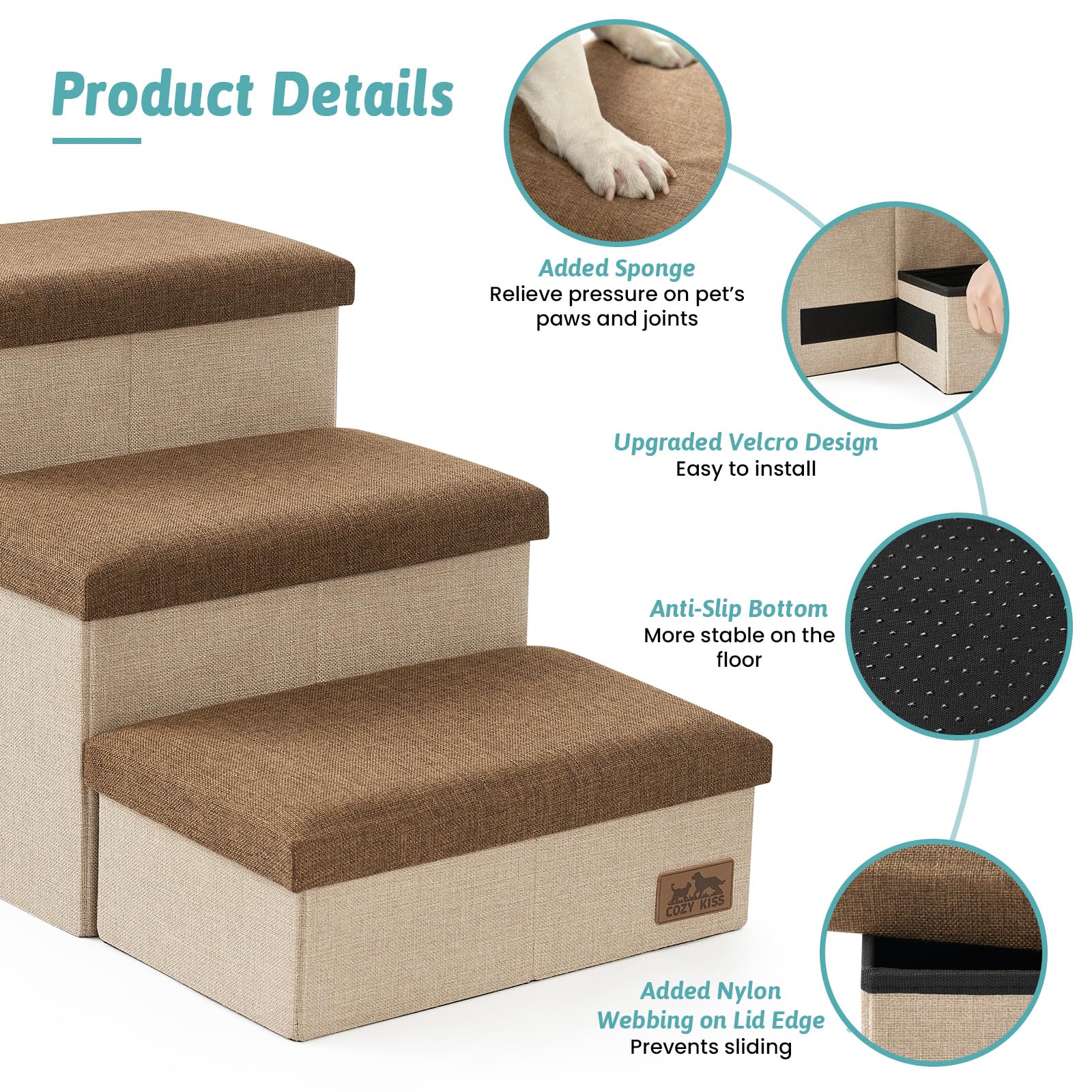 Dog Stairs with Storage, 4-Step Wider Sturdy Dog Steps for Small/Medium/Large Dogs and Older Cats, Folding Doggie Ramp for Bed/C
