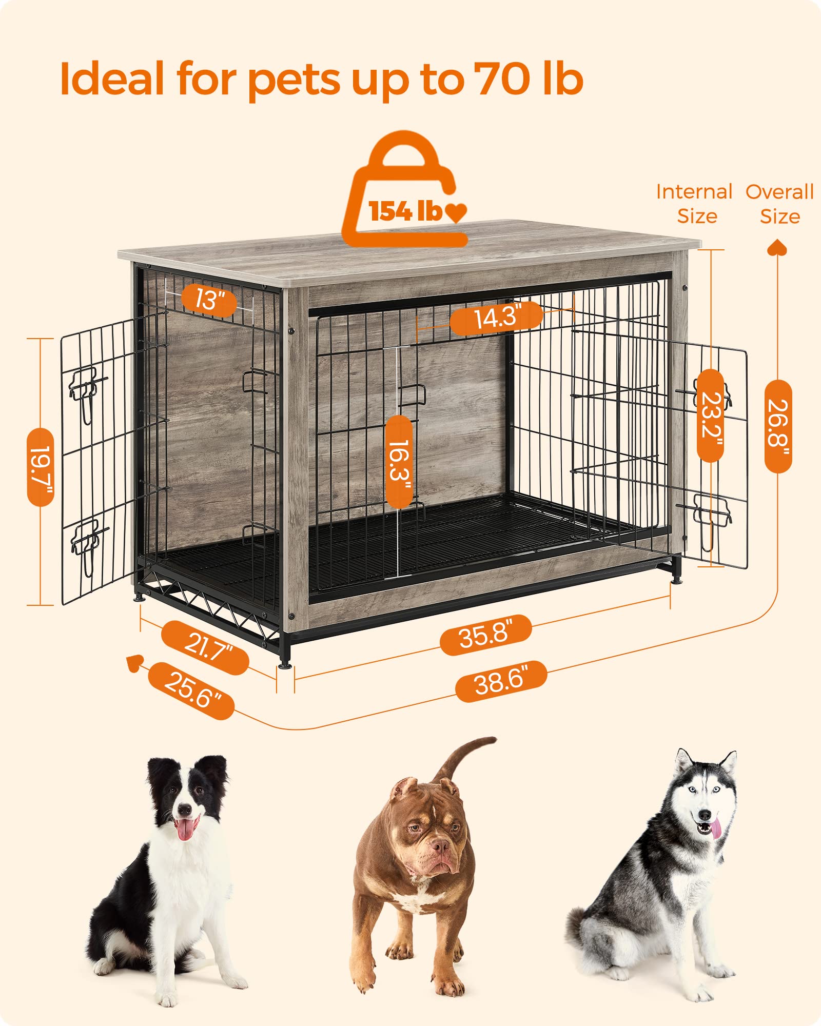 Feandrea Dog Crate Furniture, 38.6 Side End Table, Modern Kennel for Dogs Indoor up to 70 lb, Heavy-Duty Dog Cage with Multi-Pur