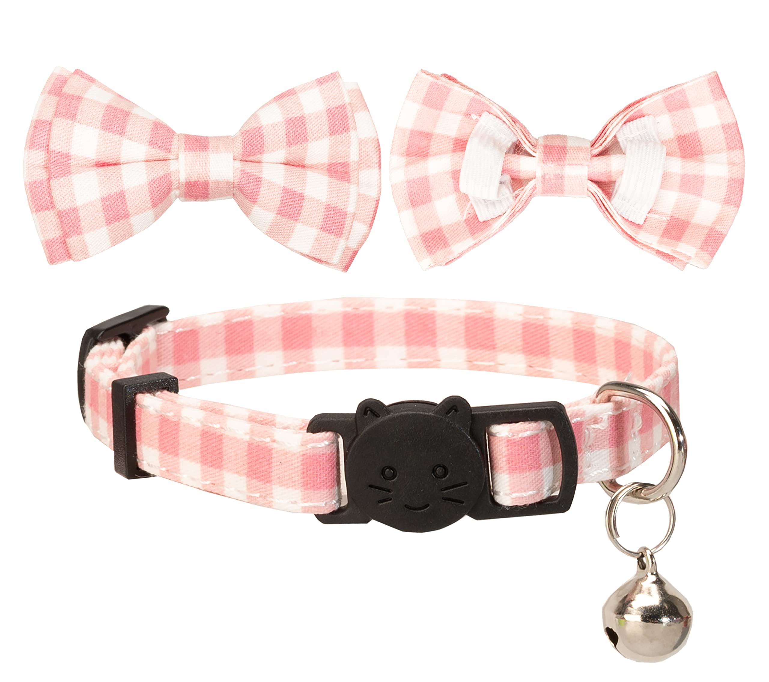 Gyapet Cat Collar Breakaway With Bell Boy Girl Kitten Bow Tie Safety Plaid Solid Color Set Cute Soft Summer [2Pcs] Pink