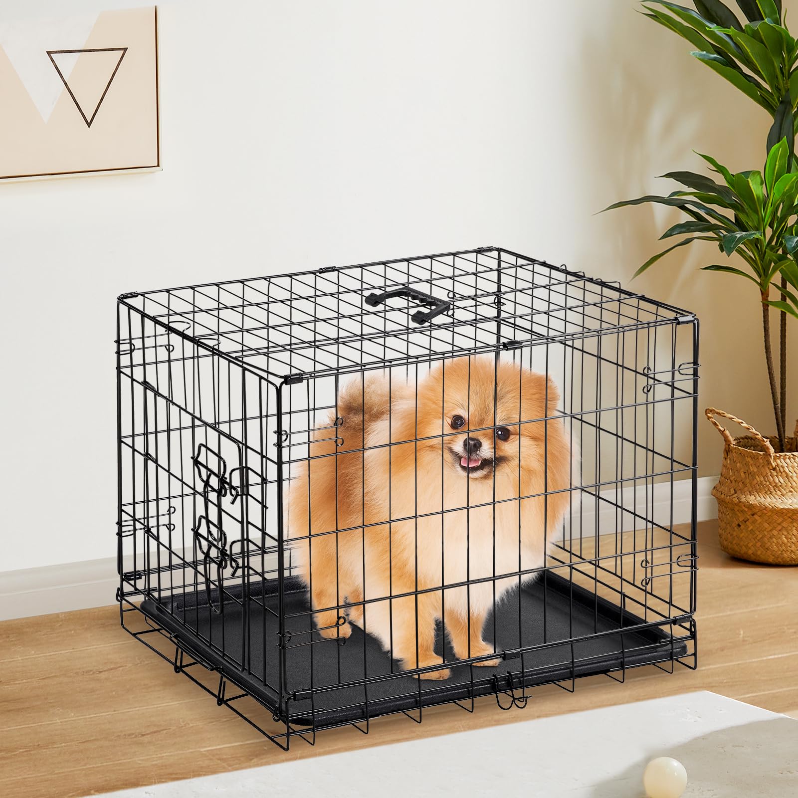Sweetcrispy Metal Dog Crate, 30" Single Door Pet Kennel, Foldable, Black, Removable Tray, Ideal for Small Dogs & Travel