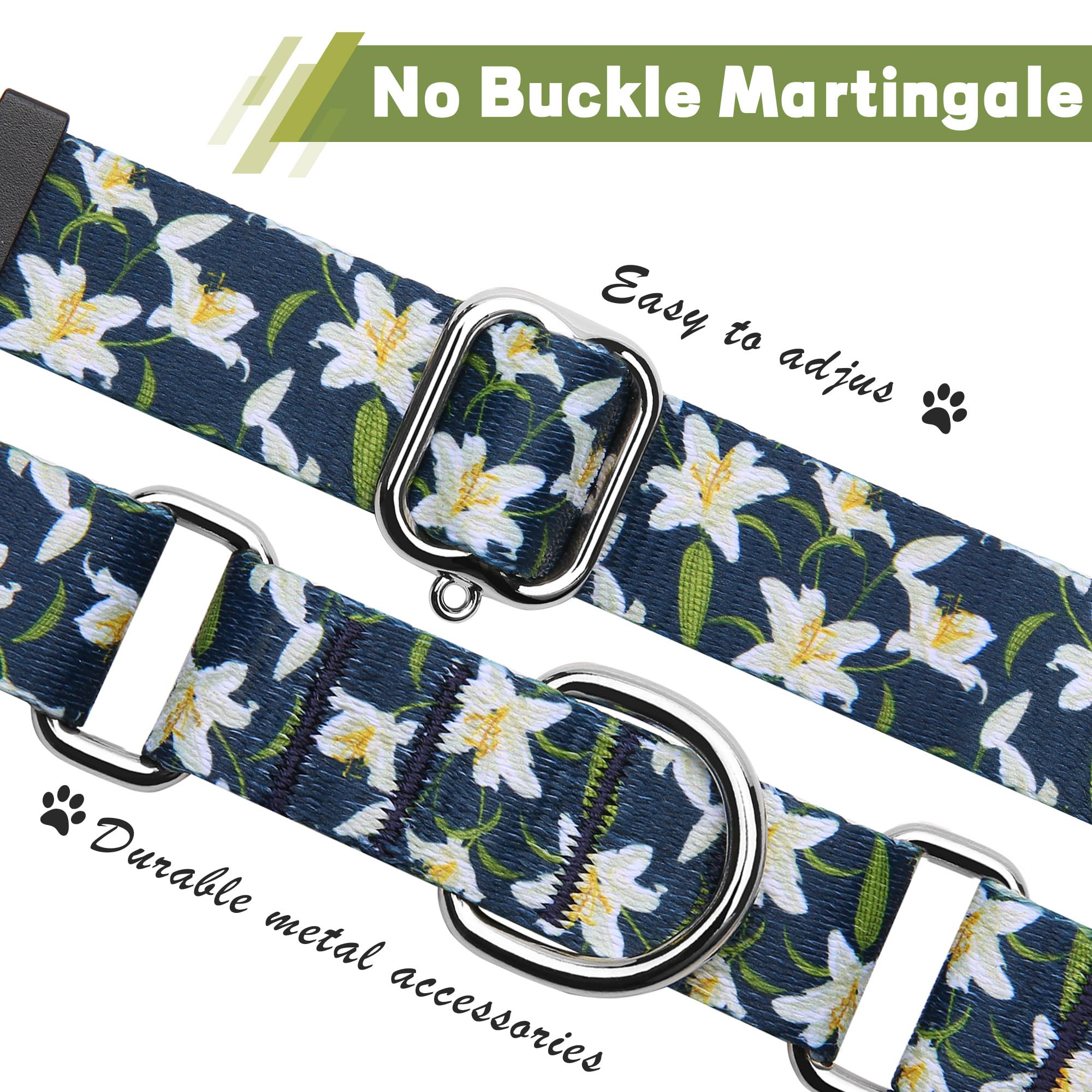Hikiko Martingale Collar With No Buckle Cute Girl Female Floral Dog Collars For Medium Dogs,Lily,M