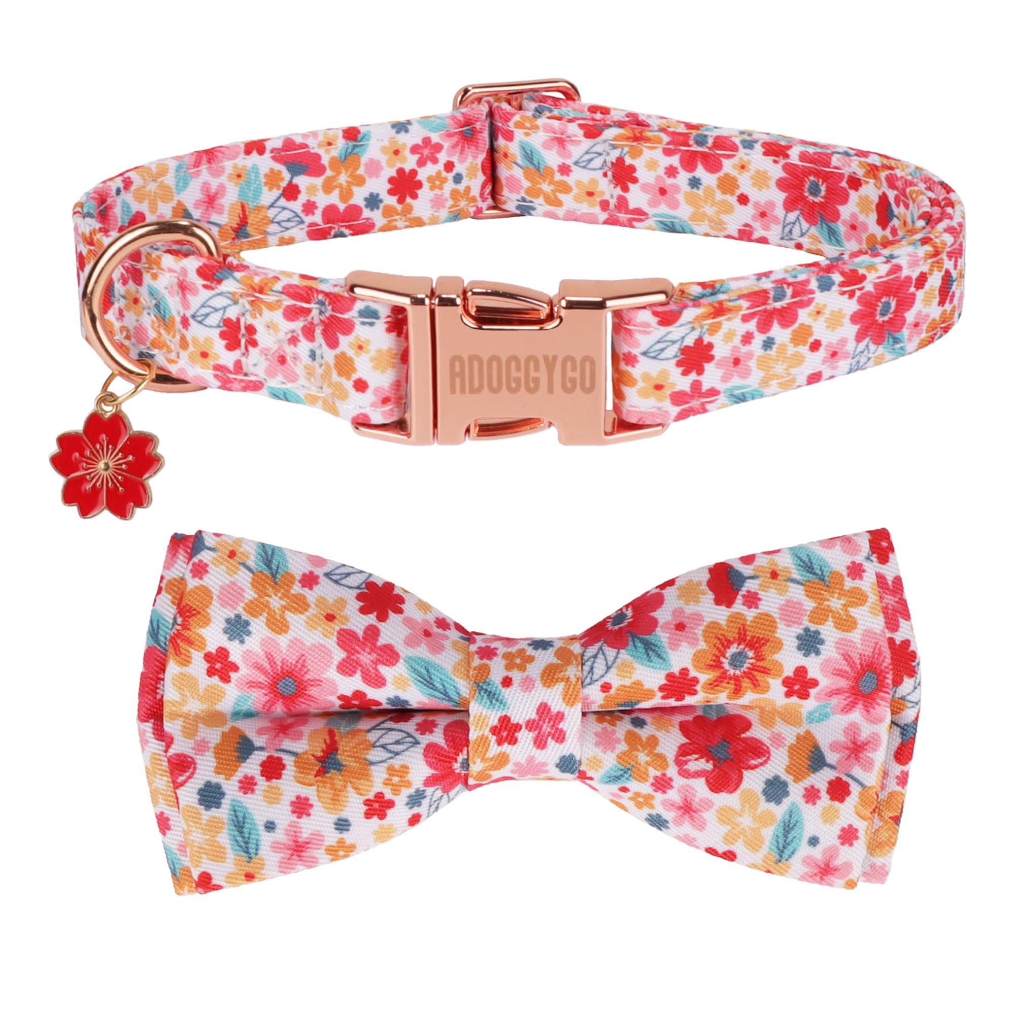 Adoggygo Floral Dog Collar With Bow, Metal Buckle, Adjustable Red Pink Pet Flower Collar For Medium Dogs (Medium)