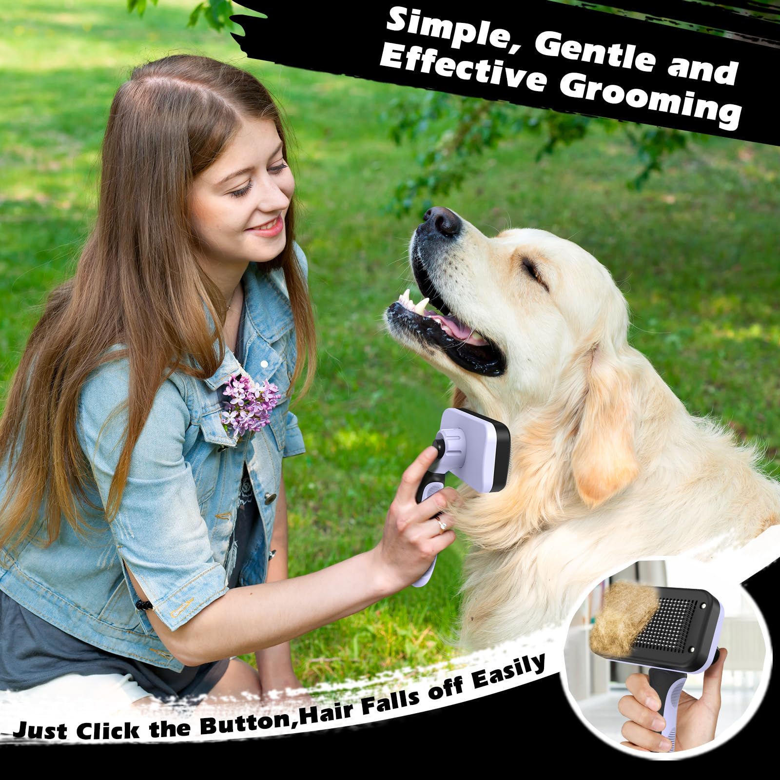 Augwind 3PCS Self Cleaning Pet Grooming Set - Slicker Brush, Rake & Flea Comb, Nylon, Light Purple Black