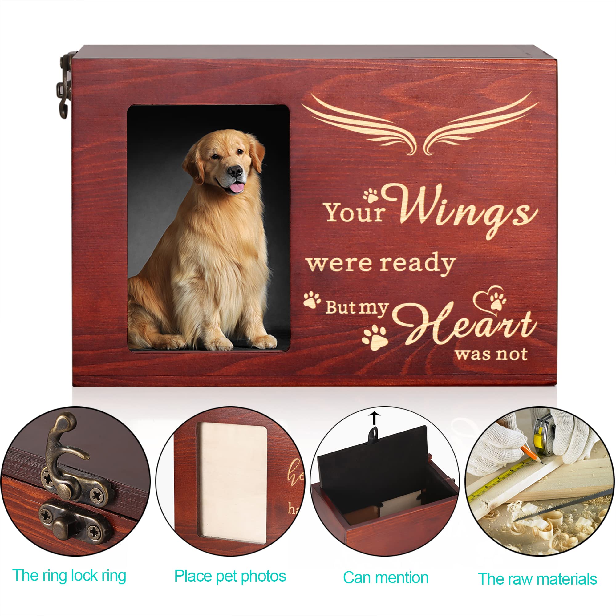 Pet Memorial Urns For Dog Or Cat Ashes, Large Wooden Funeral Cremation Urns With Photo Frame, Memorial Keepsake Memory Box With Black Flannel As Lining, Loss Pet Memorial Remembrance Gift